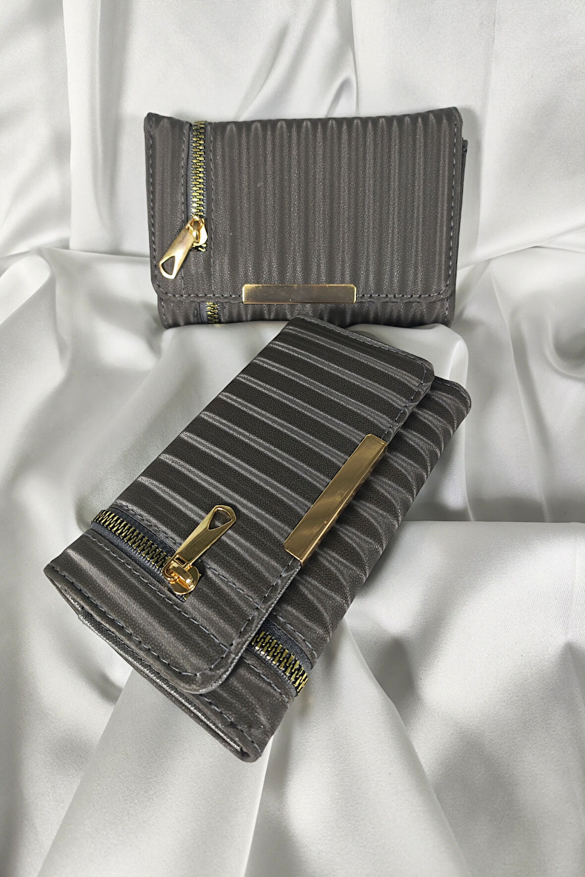 Antrasit - Melanj Kadın Cüzdanı Çıtçıtlı Kapaklı, İçten Fermuarlı, Kartlık Bölmeli