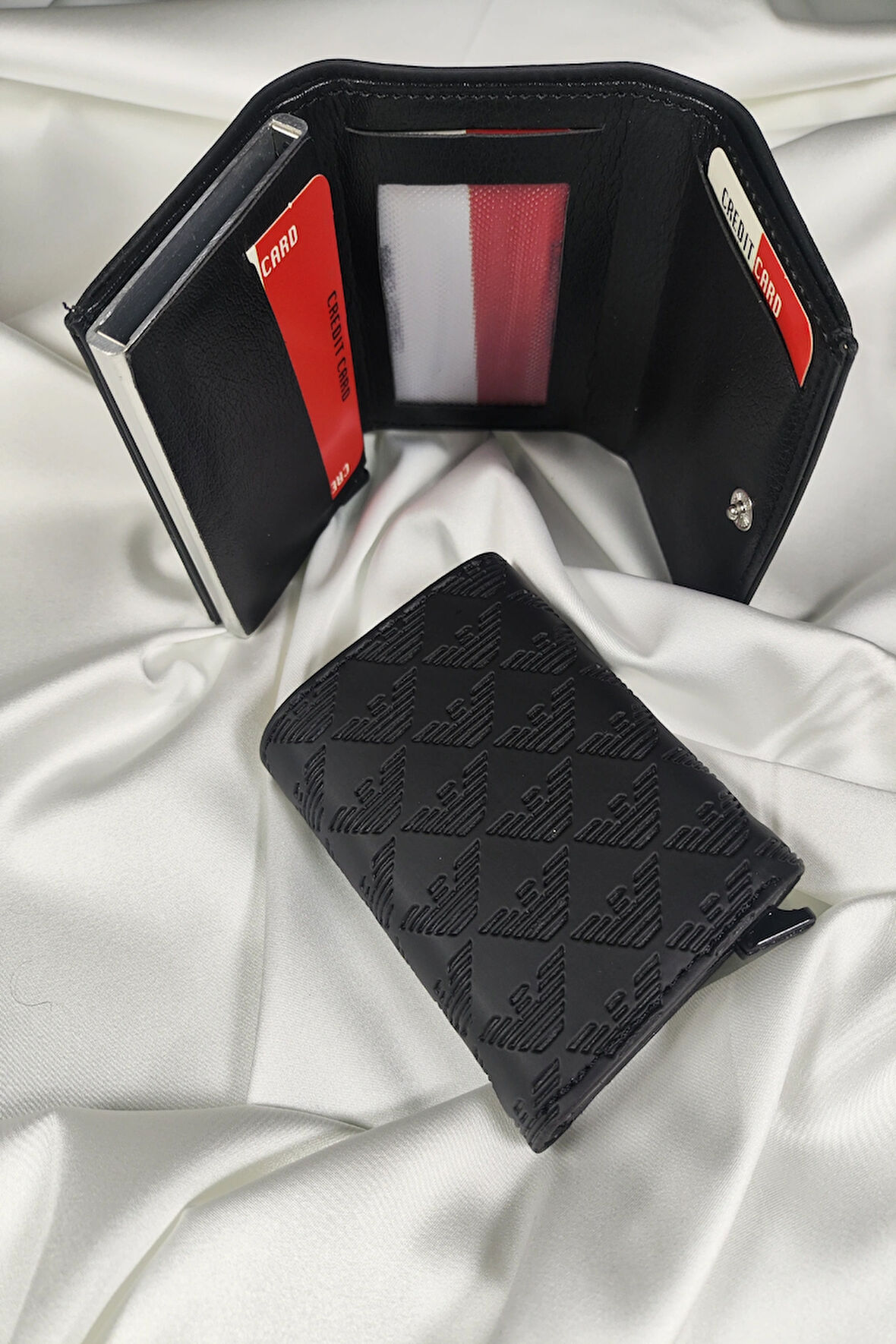 Mekanizmalı Unisex  Siyah Armani Desenli, 1. Sınıf Vinlex Deri Kaplamalı, Çıtçıt Kapaklı, Şeffaf Ehliyet ve Kimlik Koyma Gözlü, RFID Korumalı