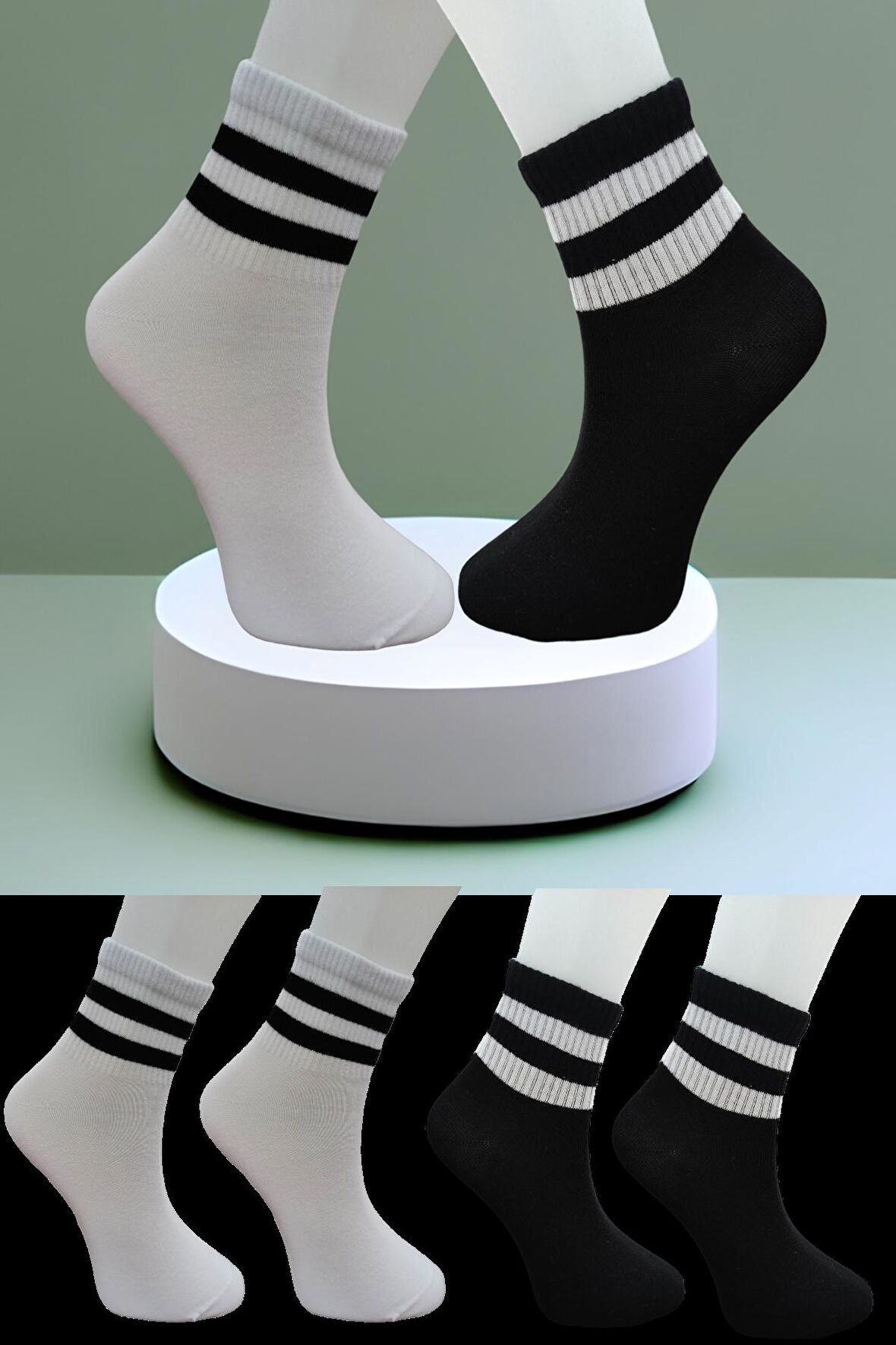 Dikişsiz 4 Çift Düz Şeritli Orta Konç Spor Çorap 