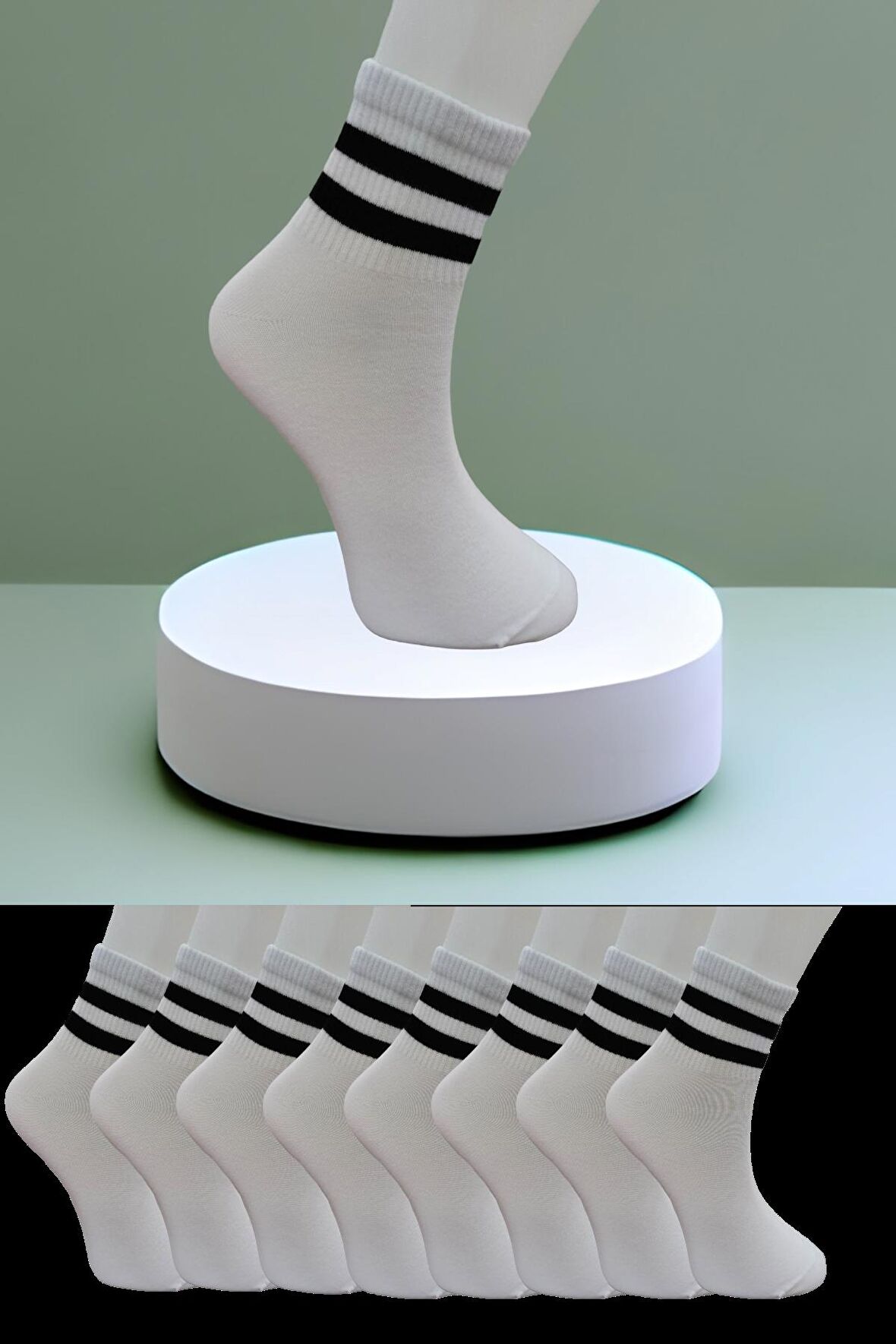 Dikişsiz 8 Çift Düz Şeritli Orta Konç Spor Çorap 
