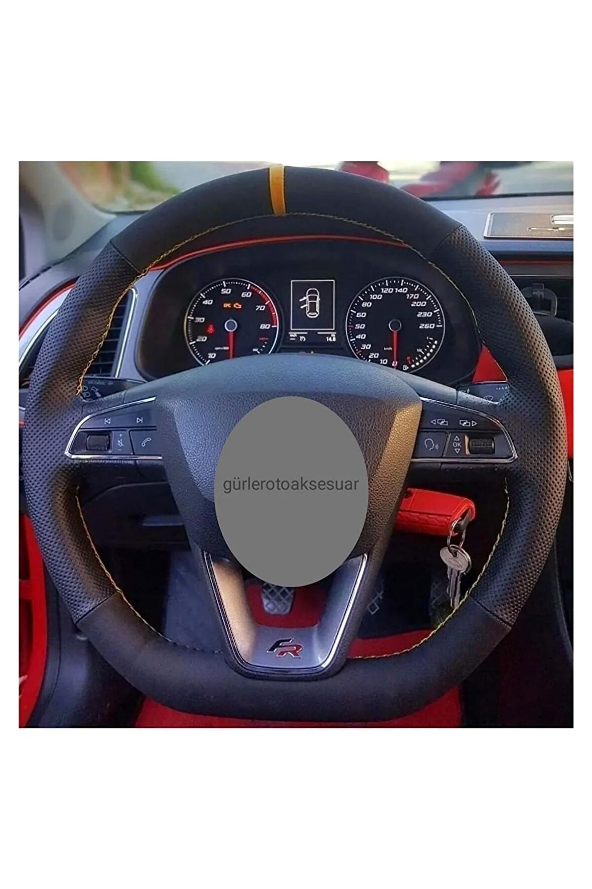 Seat Leon Alkantra Karbon Sarı Yüzüklü Dikmeli Direksiyon Kılıfı