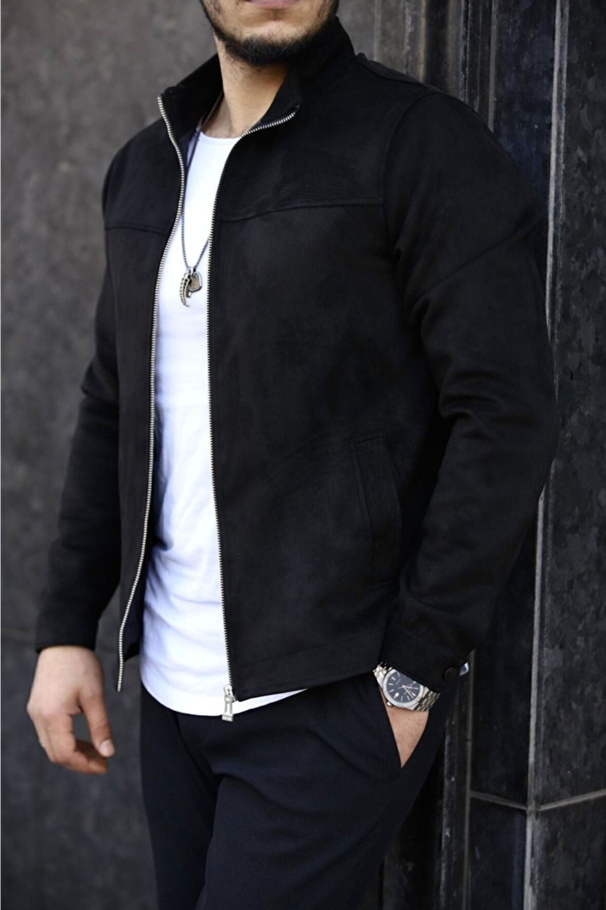 Premium Örme Triko Kol Dik Yaka Süet Ceket