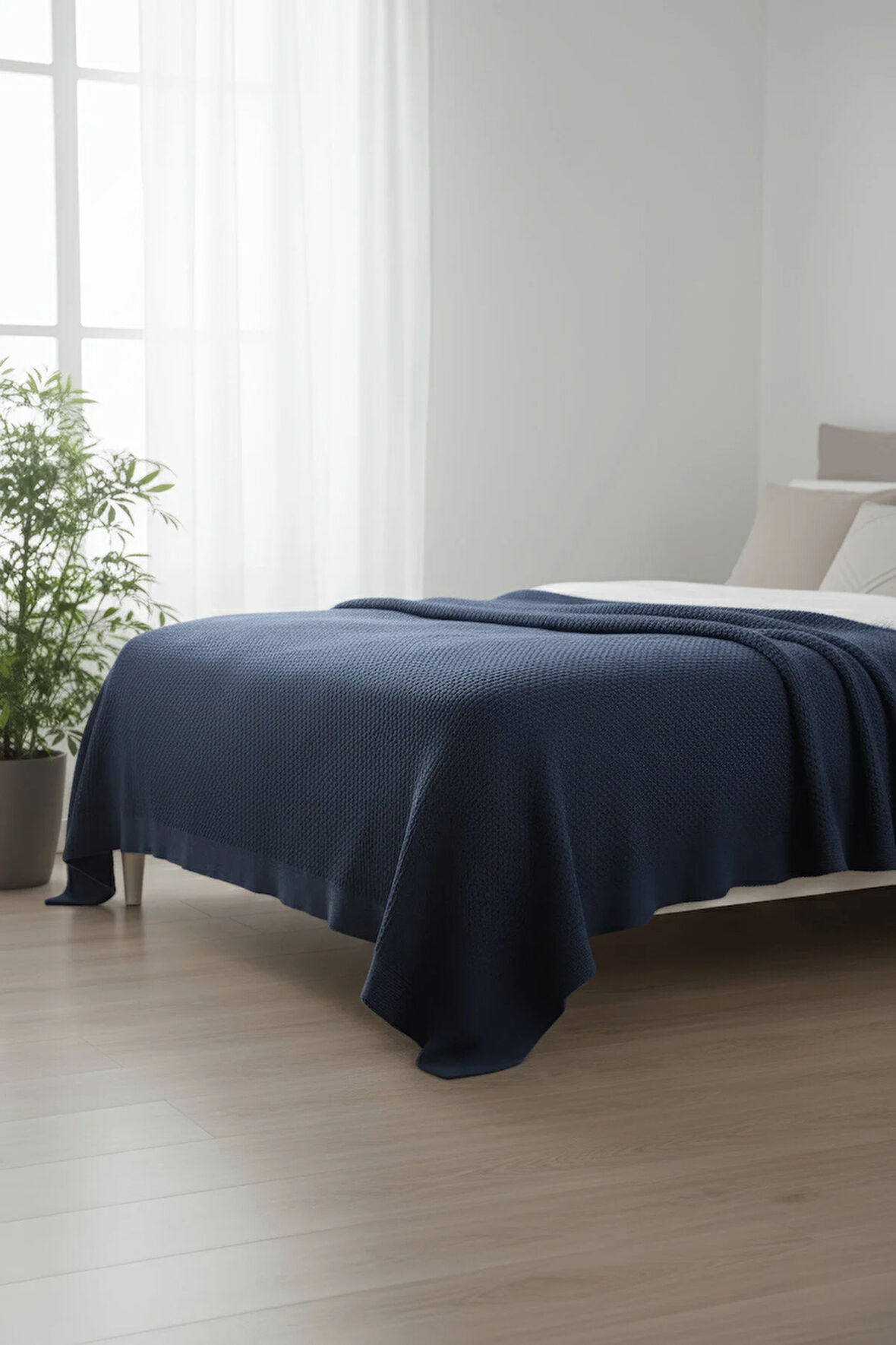 Liva Yumuşak Örgü Battaniye Düz Çift Kişilik 200x220 cm İndigo | Akrilik Yatak Örtüsü Dekoratif Şal