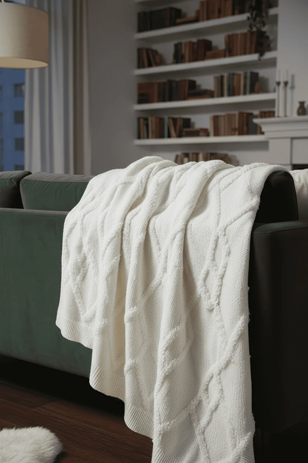 Yumuşak Örgü Battaniye Elmas 130x170 cm Krem | Tek Kişilik TV Battaniyesi – Dekoratif ve Hafif