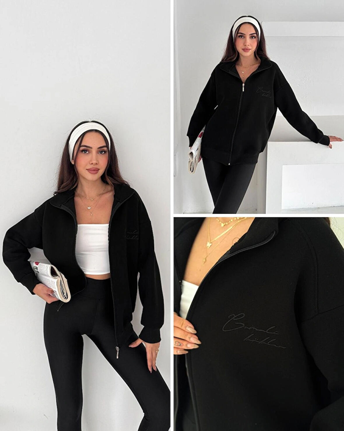 Kadın üç iplik siyah sweatshirt