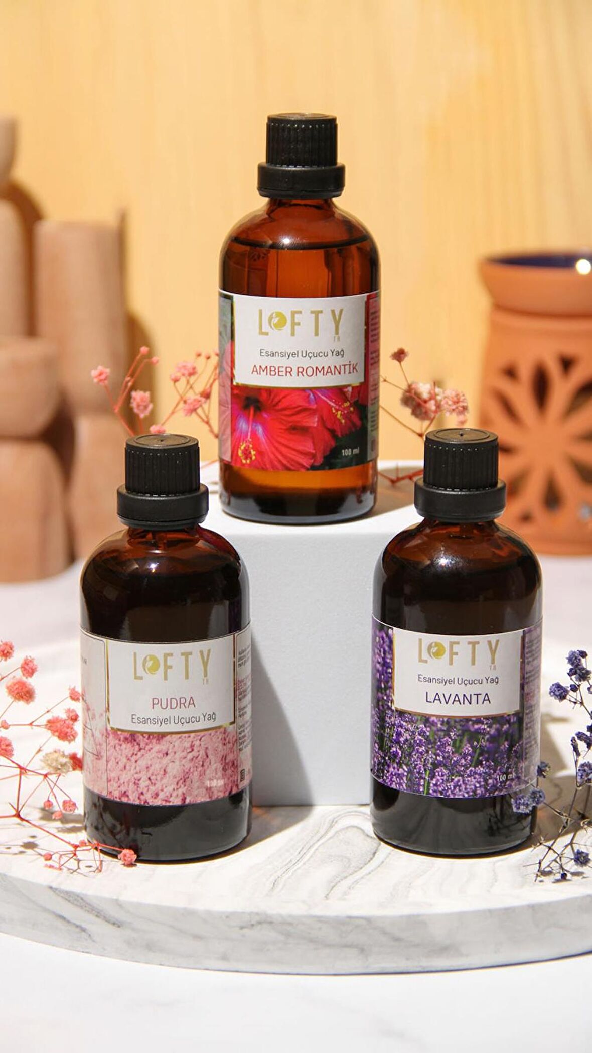 Lofty Pudra, Lavanta, Amber Romantik 100 ml Uçucu Buhur Yağı Buhurdanlık Esansı Oda Kokusu Esansiyel Yağ 3x Set