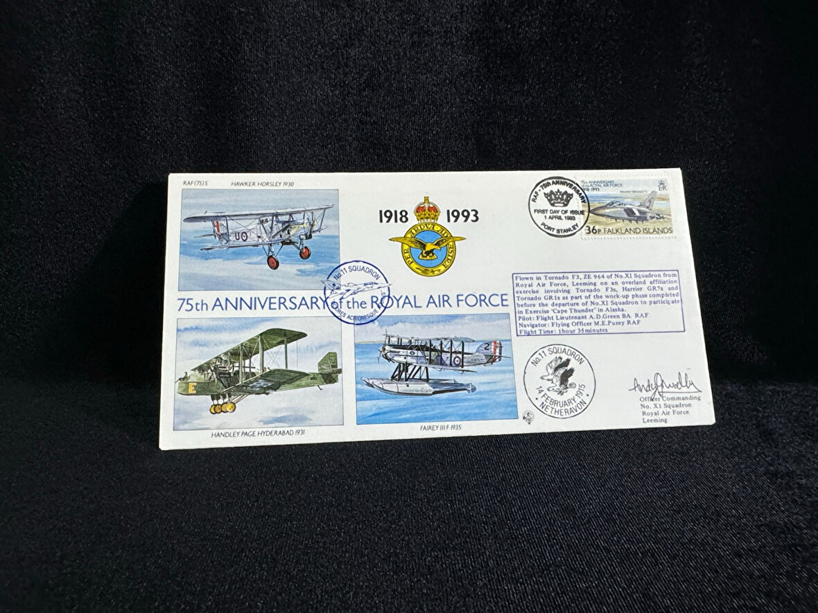 Falkland İslands İngiltere Kraliyet Hava Kuvvetleri 75. yıldönümü İlk Gün Zarfı 19993 75th Ann. of the Royal Air Force FDC Islak İmzalı Limited