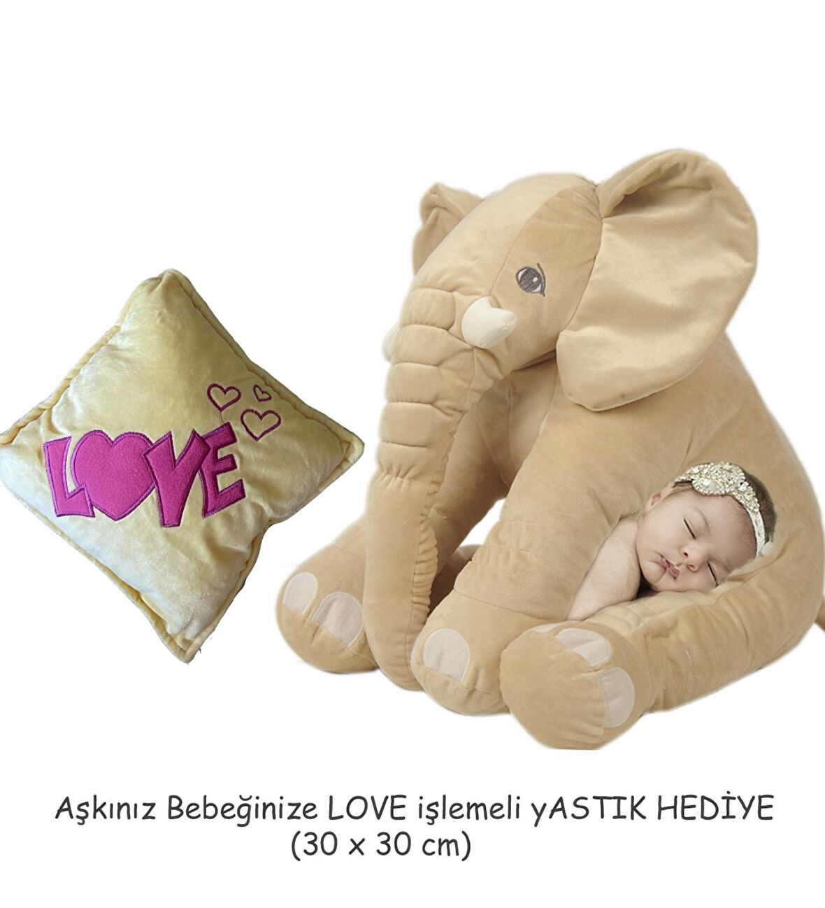 YASTIK HEDİYELİ-Uyku Arkadaşım Peluş Fil - Büyük Yumuşacık(65 cm)- Sevgiliye HEDİYE