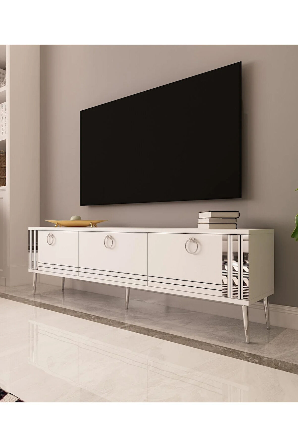 Lora Tv Ünitesi Gümüş | Beyaz - Beyaz