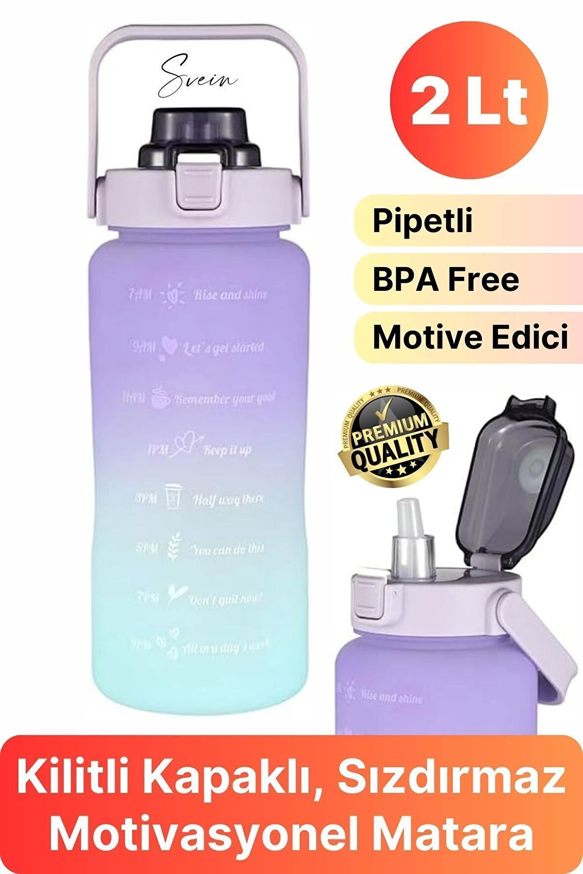 Premium 2 Lt Pipetli Kilitli Sızdırmaz Kapaklı Tutma Saplı Motivasyon Suluk Matara Sporcu Su Şişesi