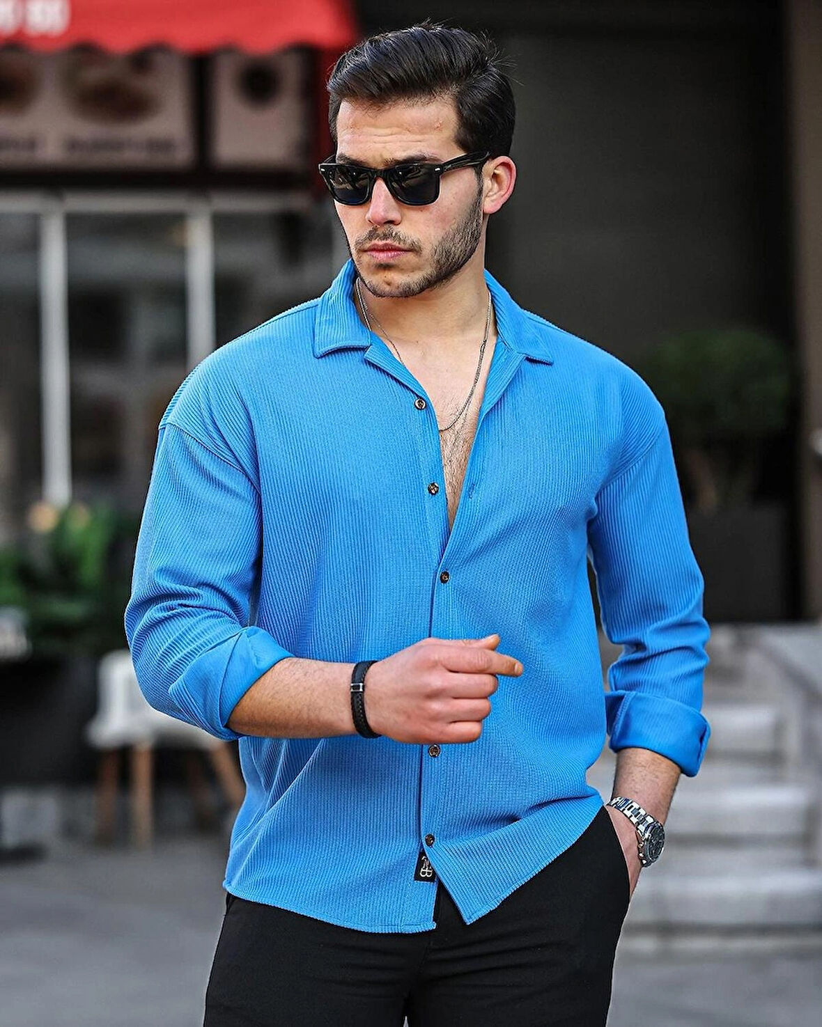 ERKEK UZUN KOLLU FİTİLLİ OTTOMAN DOKULU GÖMLEK MAVİ