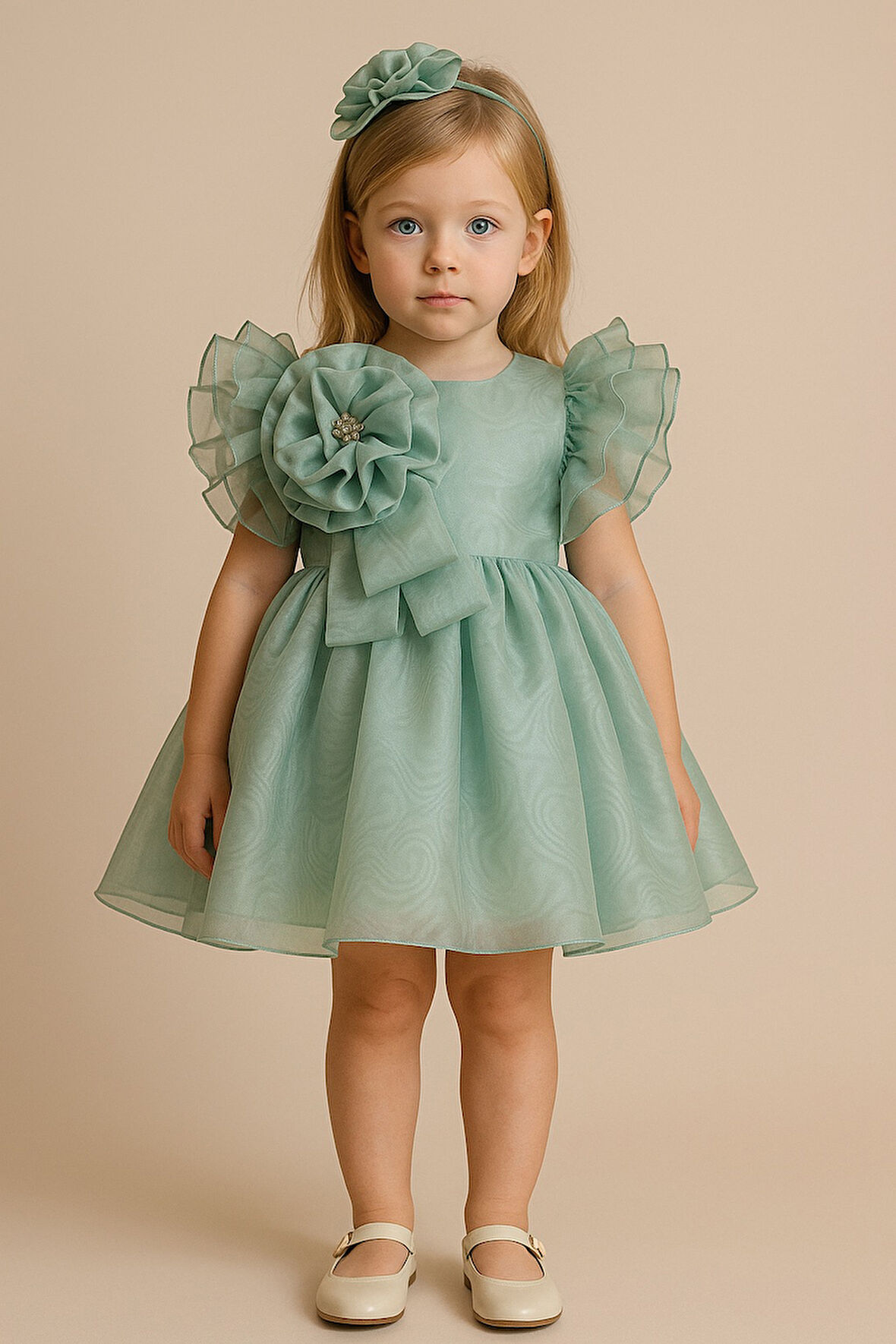 Özel Tasarım Kız Çocuk Elbise, Omzunda Çiçek ve İnci Detaylı, Kolu Fırfırlı, Taç Aksesuarlı