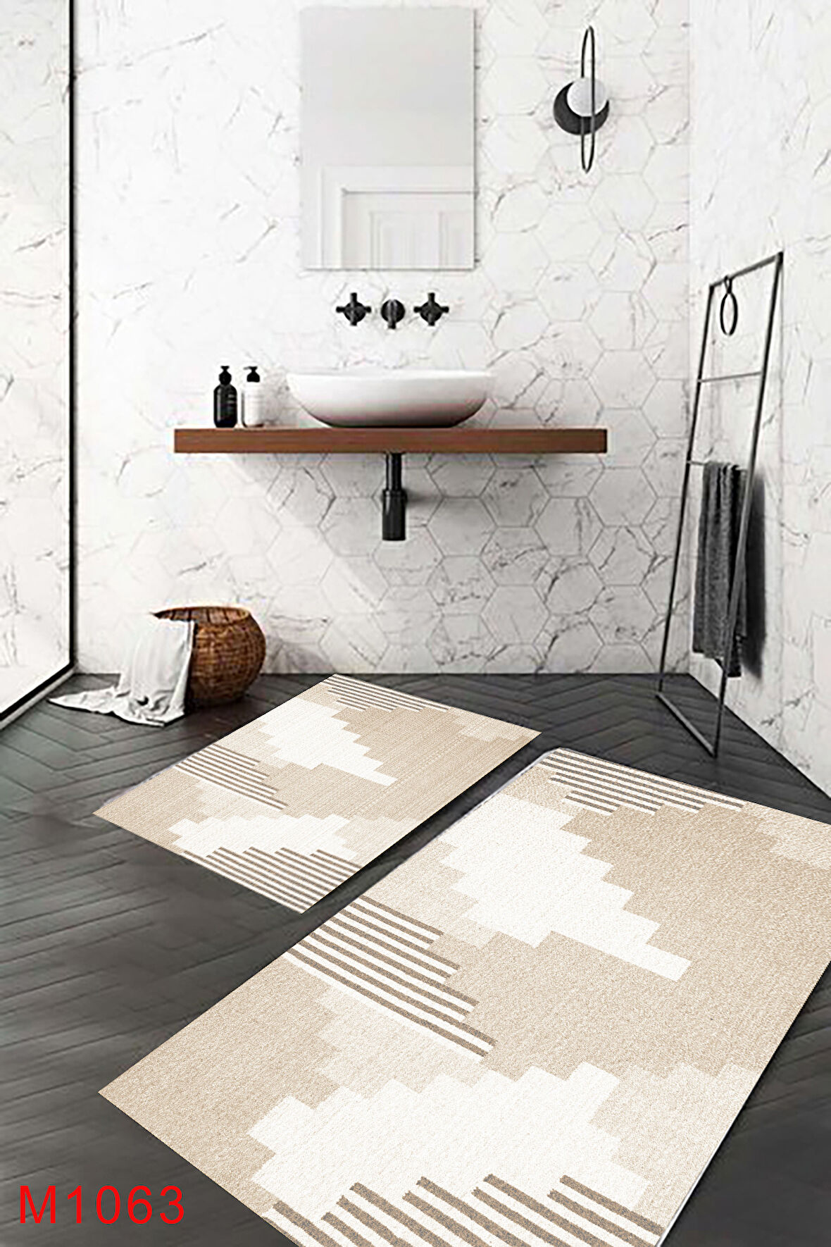 Geometrik Desen Banyo Paspası, Nude Renk, Fondöten Rengi Banyo Paspası, Kaymaz Taban Banyo Paspası, Klozet Takımı, Yıkanabilir Klozet Takımı, Dekoratif Banyo Paspası,