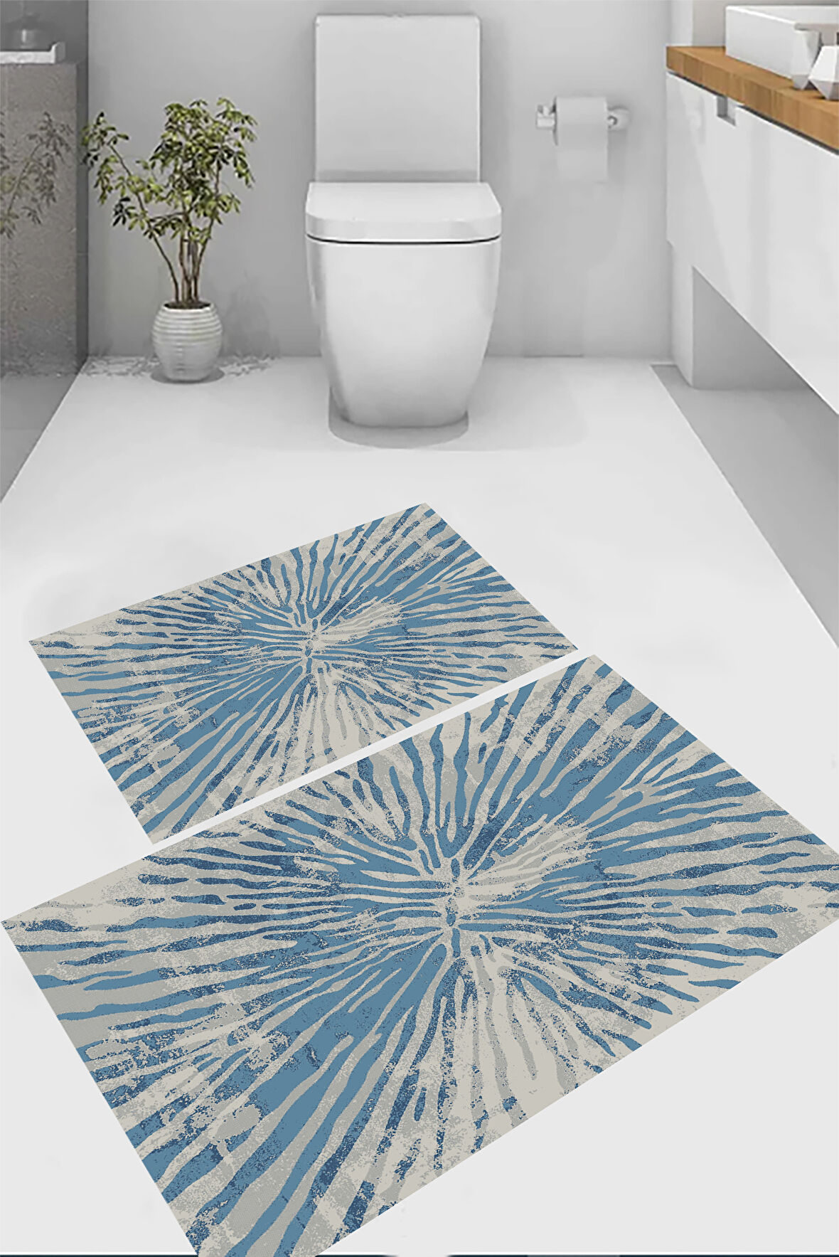 Geometrik Desen Banyo Paspası, Mavi Renk Banyo Paspası, Mavi Çizgiler Paspas,  Kaymaz Taban Banyo Paspası, Klozet Takımı, Yıkanabilir Klozet Takımı, Dekoratif Banyo Paspası,