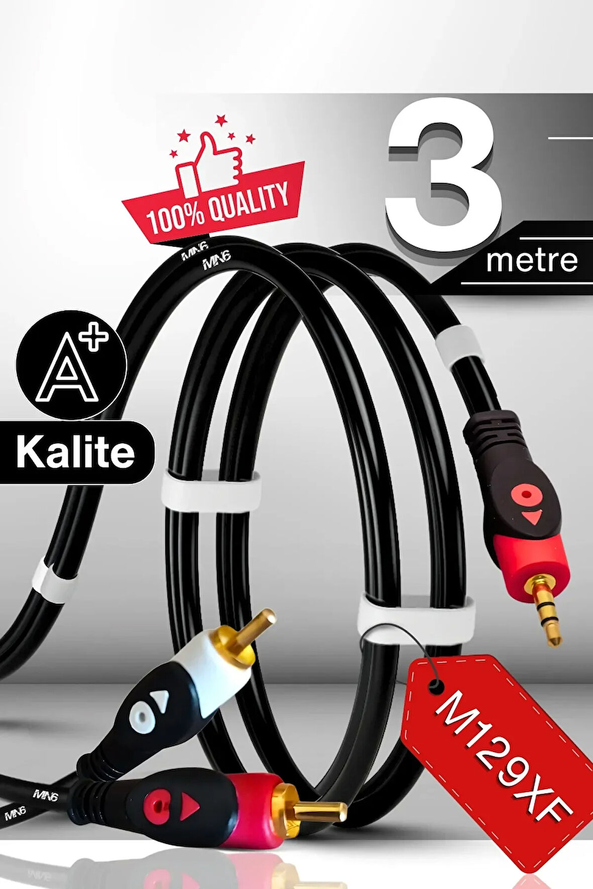 MN6 M129XF Rca kablosu/3 Metre-A+Kalite-3.5mm/Aux ses kablosu-2rca Ses kablosu-Ses Sistemi uyumlu