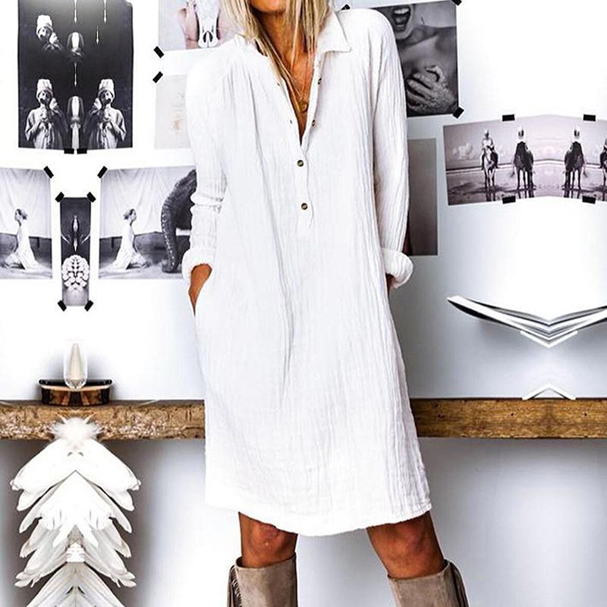 Barbora Günlük Rahat Baharlık Salaş Gömlek Yaka Elbise bt405beyaz3