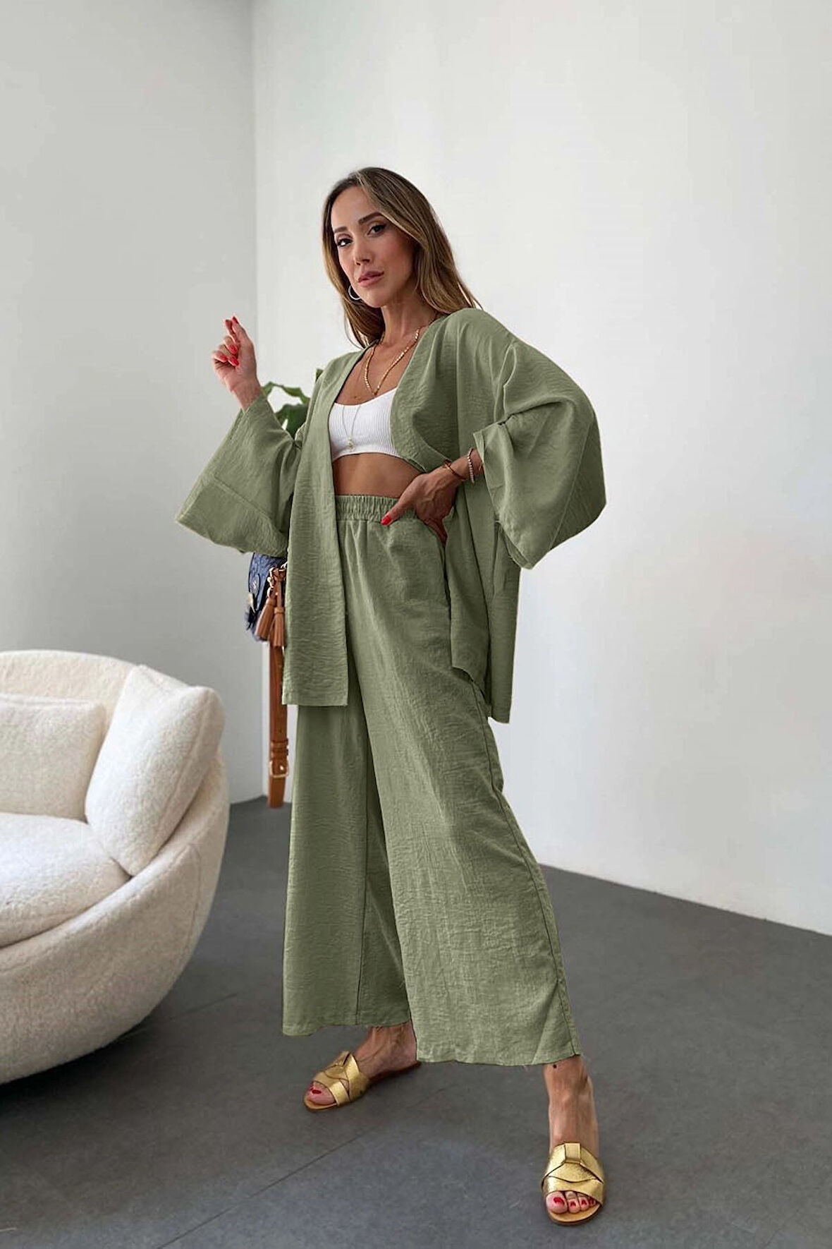Barbora Keten Kadın Salaş Kimono İkili Takim ln29haki4