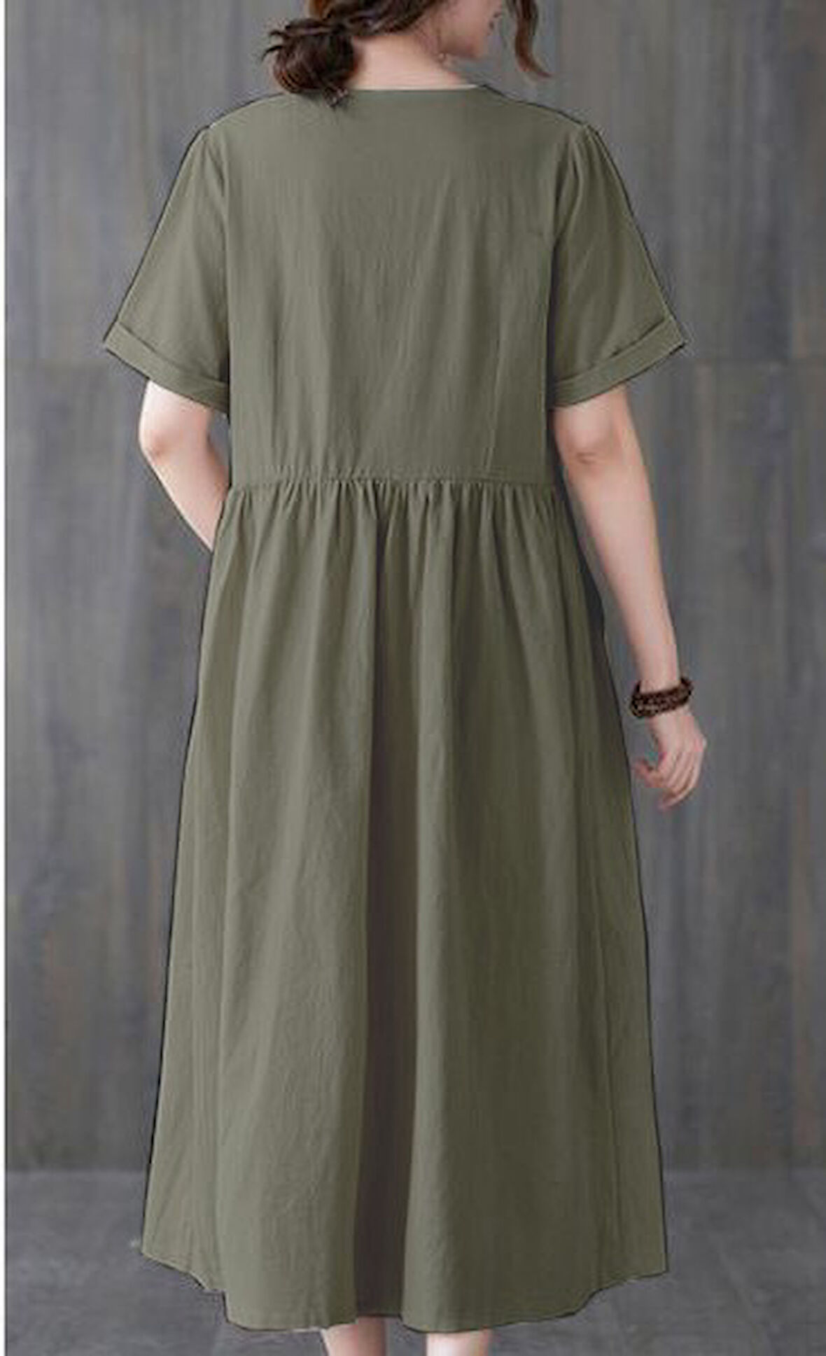 Keten Günlük Rahat V Yaka Beli Büzgü Detaylı Düğmeli Elbise