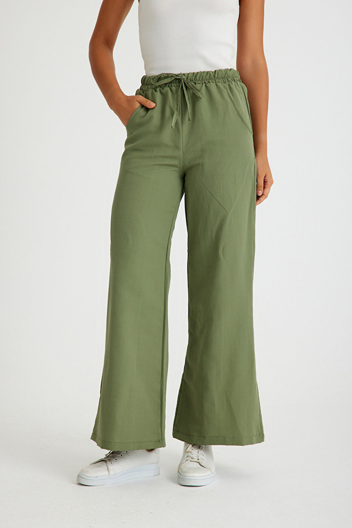 Tasarım Beli Lastikli Bağcıklı Keten Günlük Pantolon