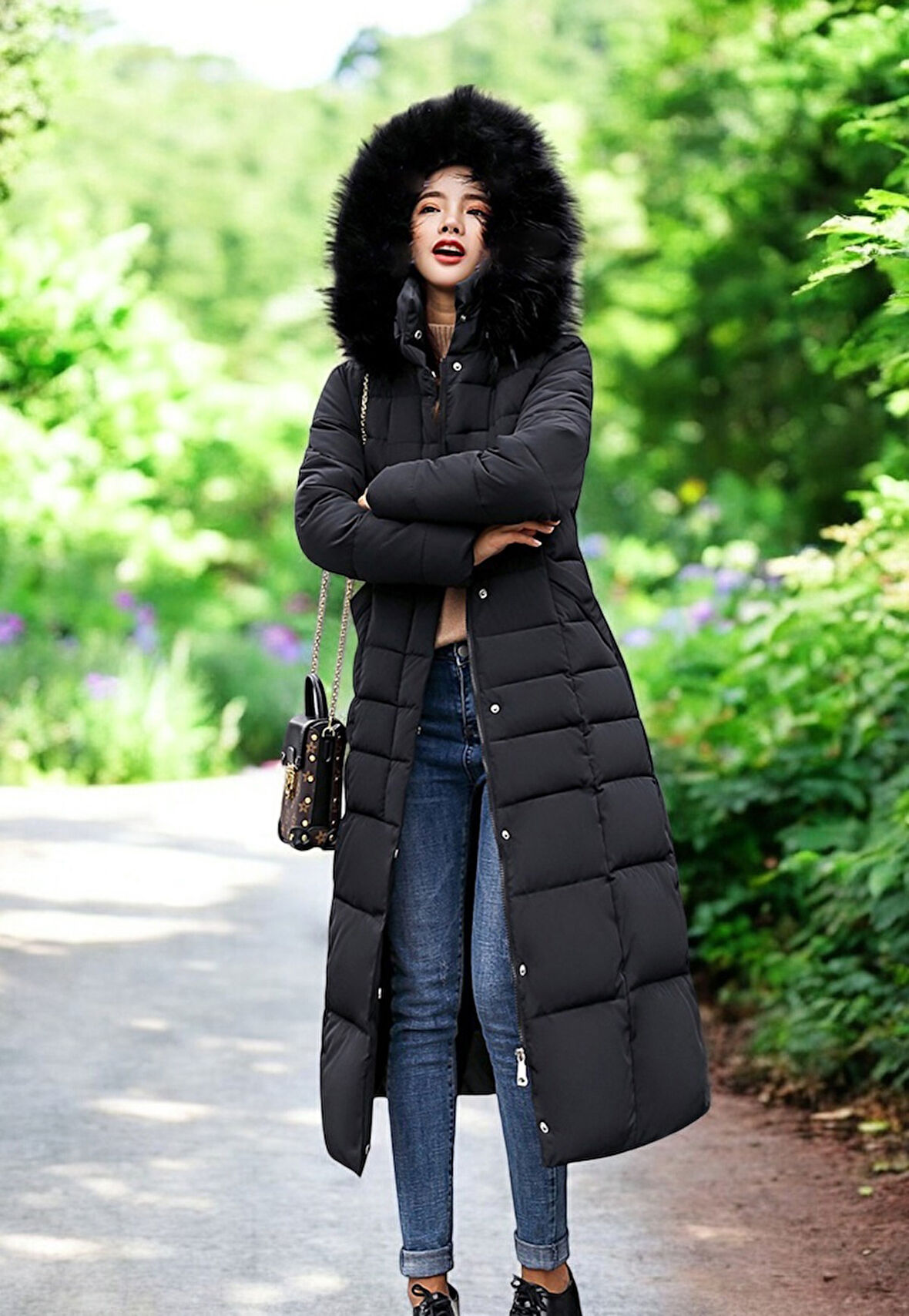 Kışlık Uzun Kürklü Kapüşonlu Kadın Şişme Mont