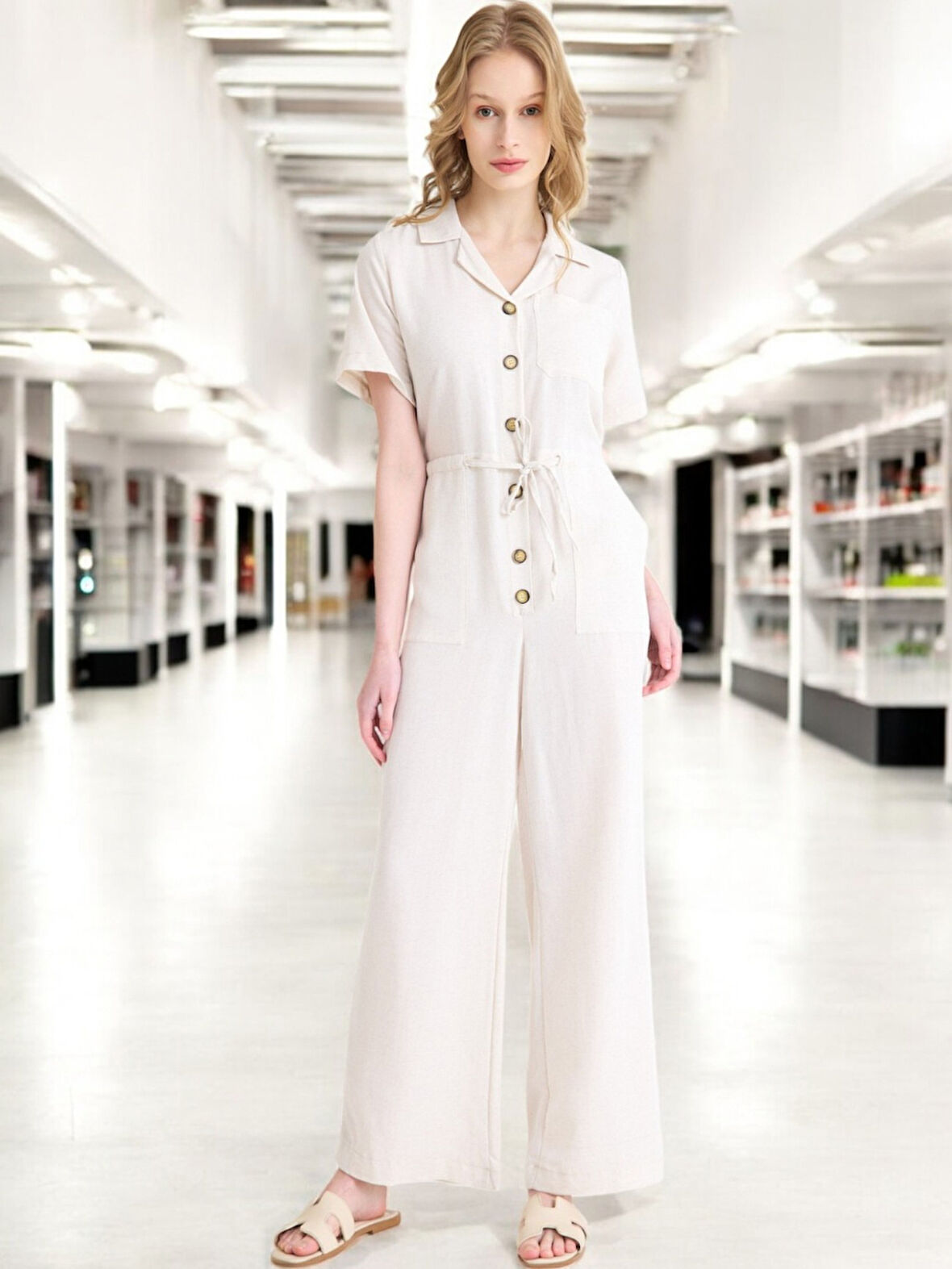 Yazlık Rahat Kısa Kollu Keten Tulum