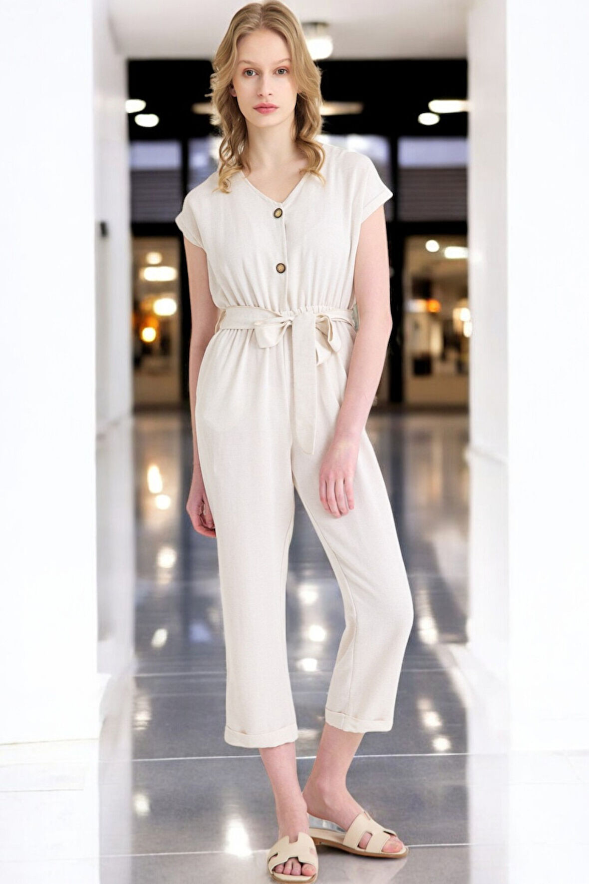 Yazlık V Yaka Kolsuz Keten Takım