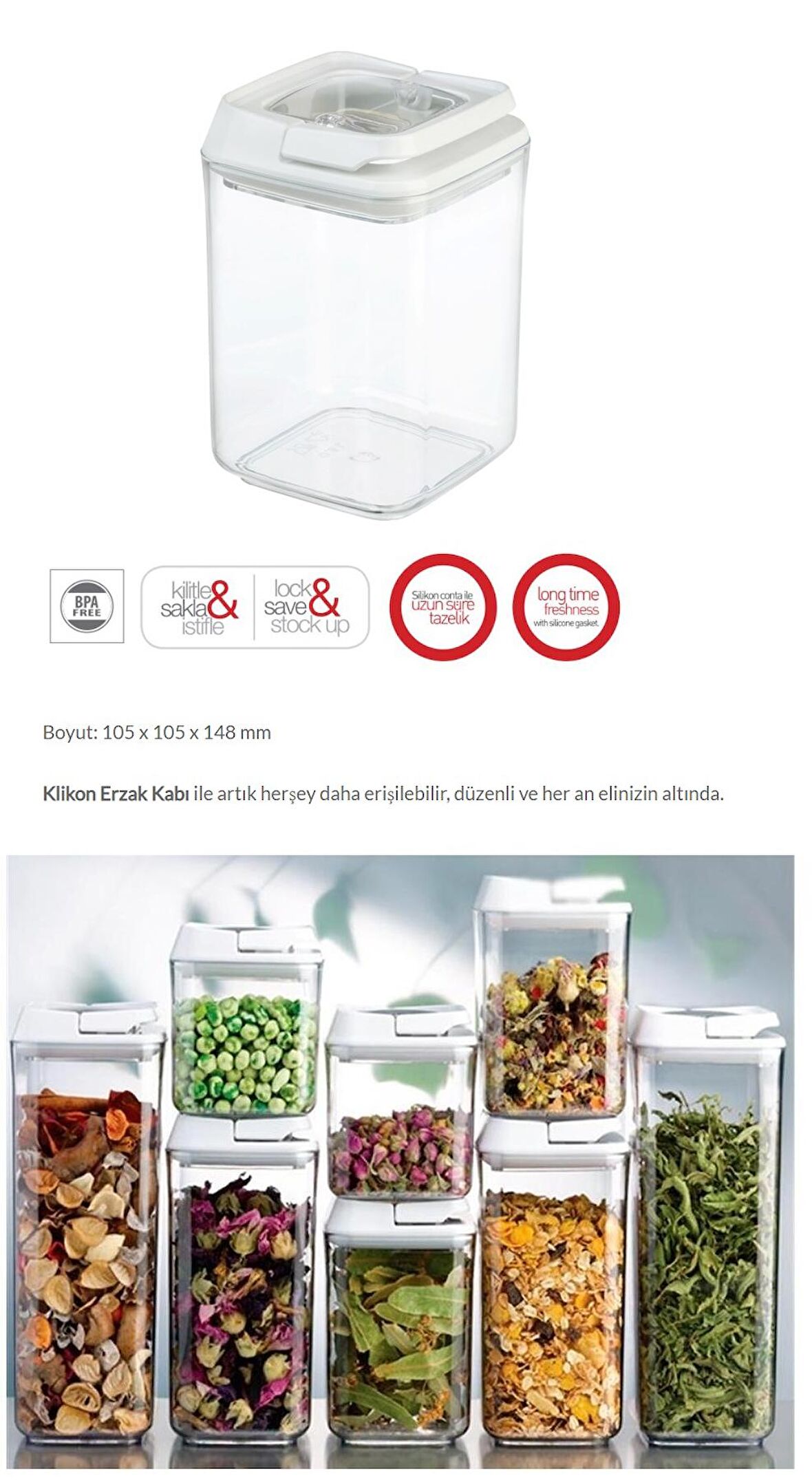 Erzak Kavanozu Kilitli Saklama Kabı Silikon Contalı Kare Erzak Kabı Vakumlu 0.90 Lt