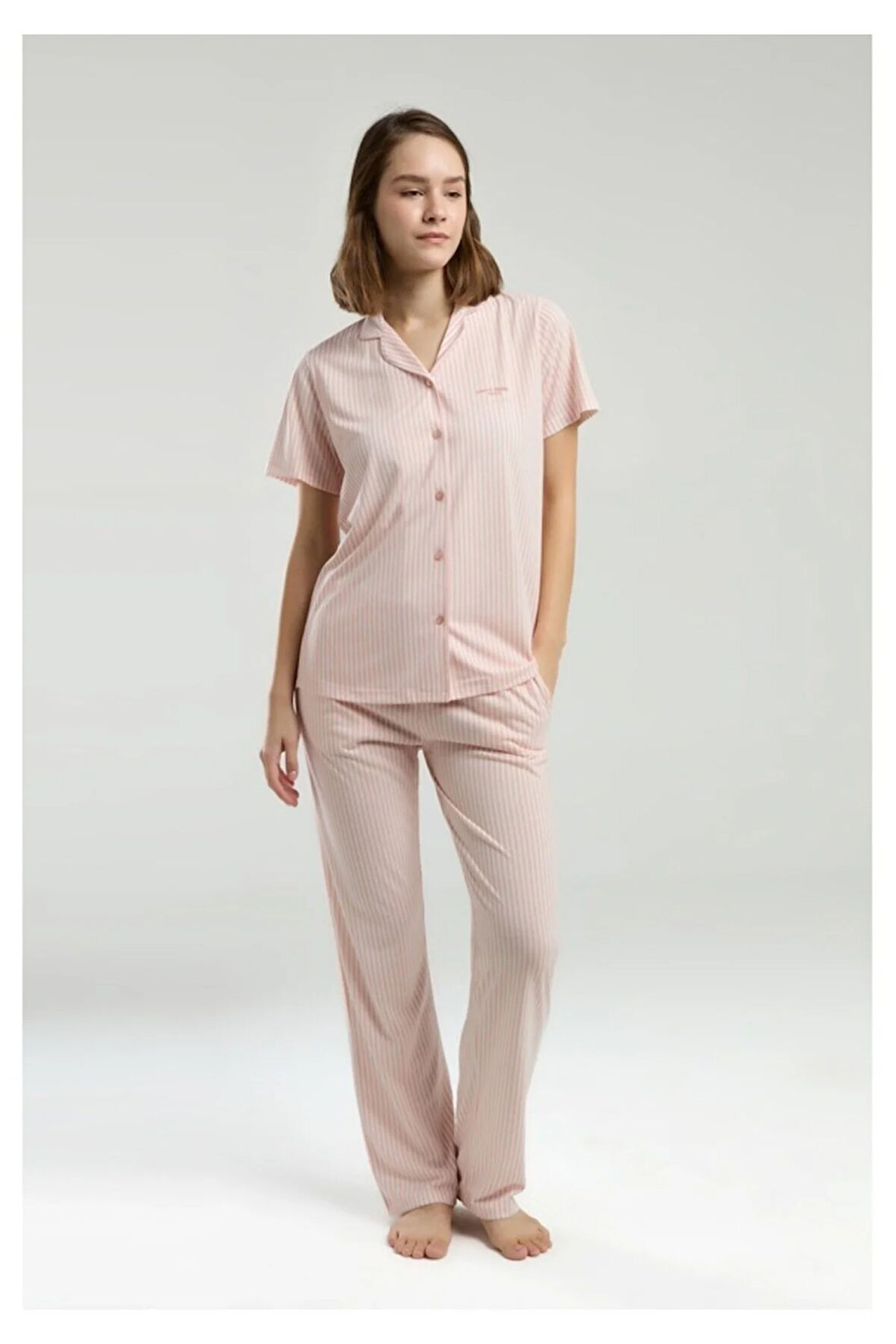 9012 Kısa Kol Düğmli Kadın Pijama Takımı