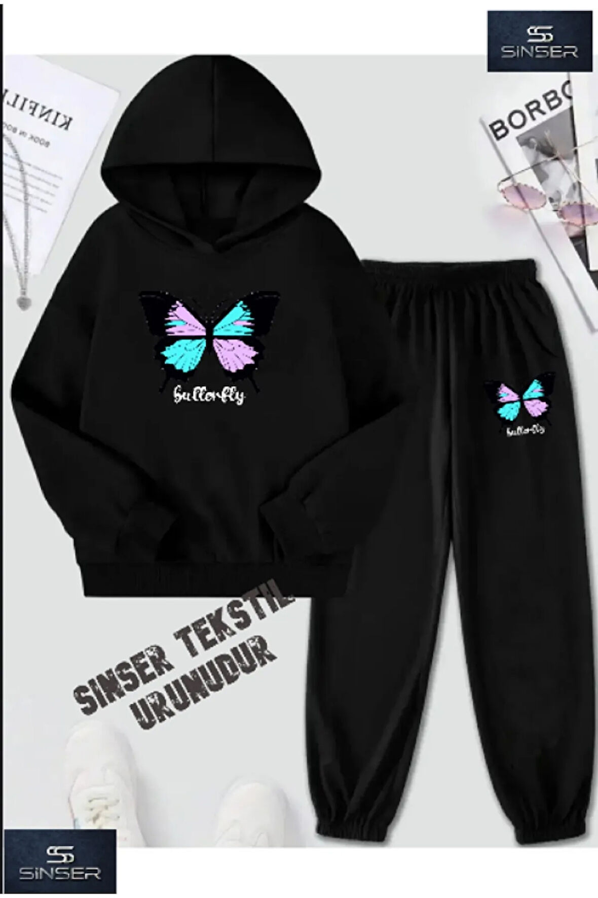 Kapşonlu Çocuk UNISEX KELEBEK Baskılı Eşofman Takımı