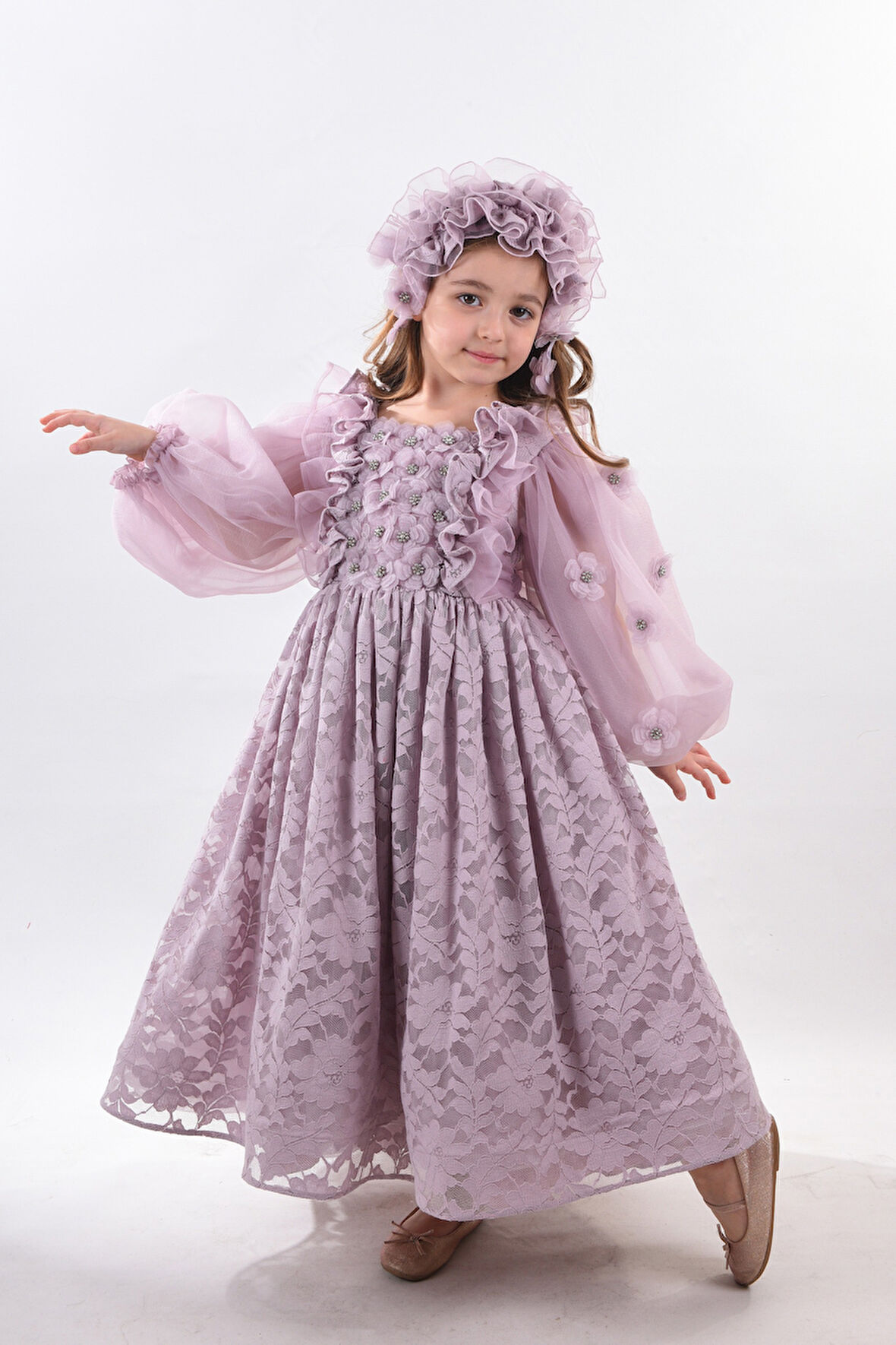 Özel Tasarım, 3 Boyutlu Çiçek Detaylı, Uzun Kollu, Saç Aksesuarlı Kız Çocuk Elbisesi_M2338