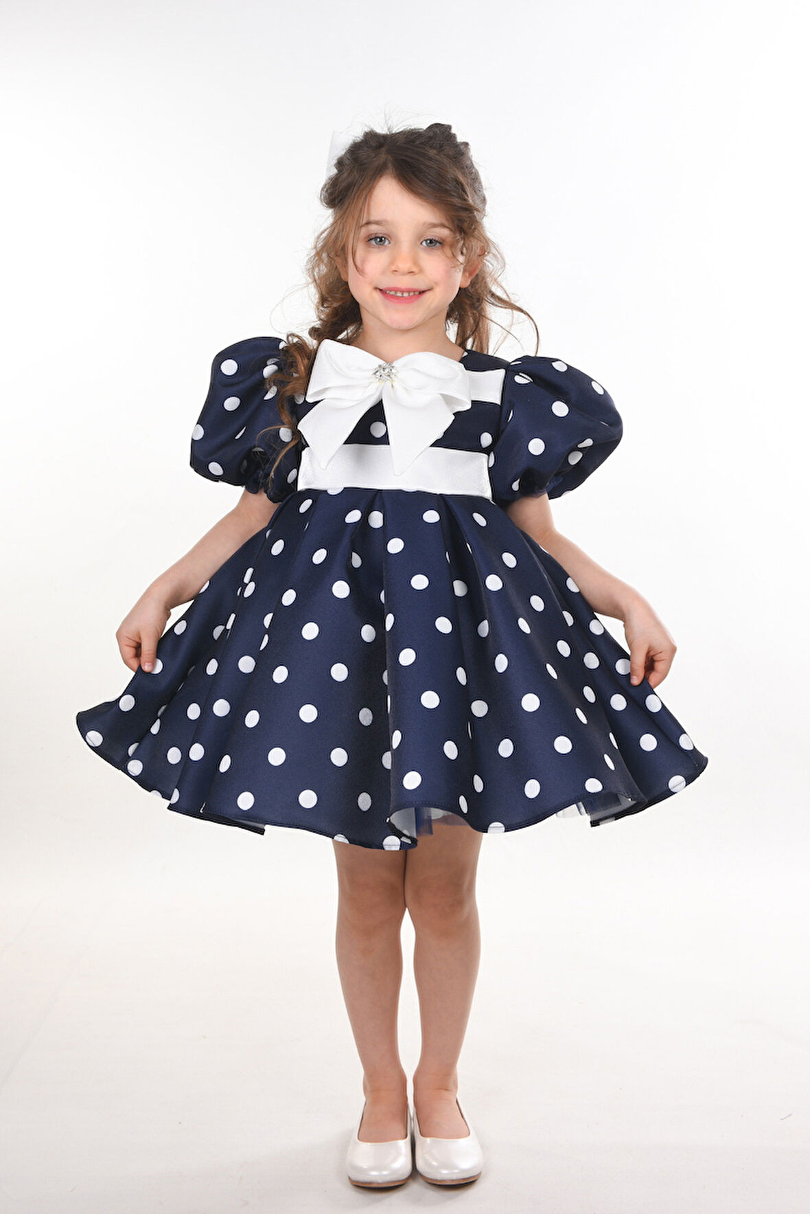 Özel Tasarım Kız Çocuk Elbisesi, Doğum Günü Elbisesi, Mezuniyet Elbisesi, Puantiyeli, Fiyonk Detaylı, Balon Kollu_M2439