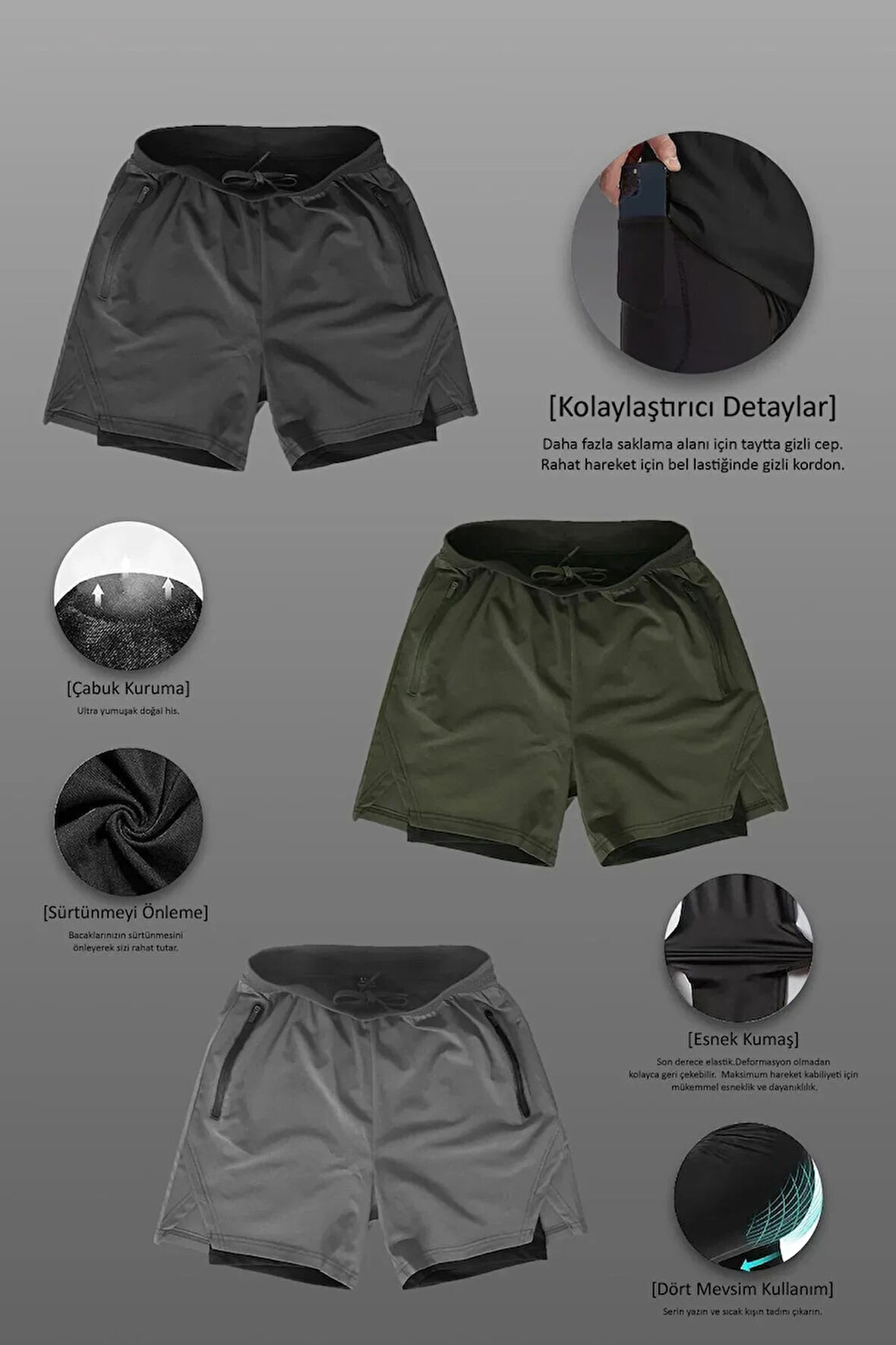 3 Lü Paket Unisex Gym Ve Fitness Astarlı Taytlı Şort Gizli Cep Detaylı