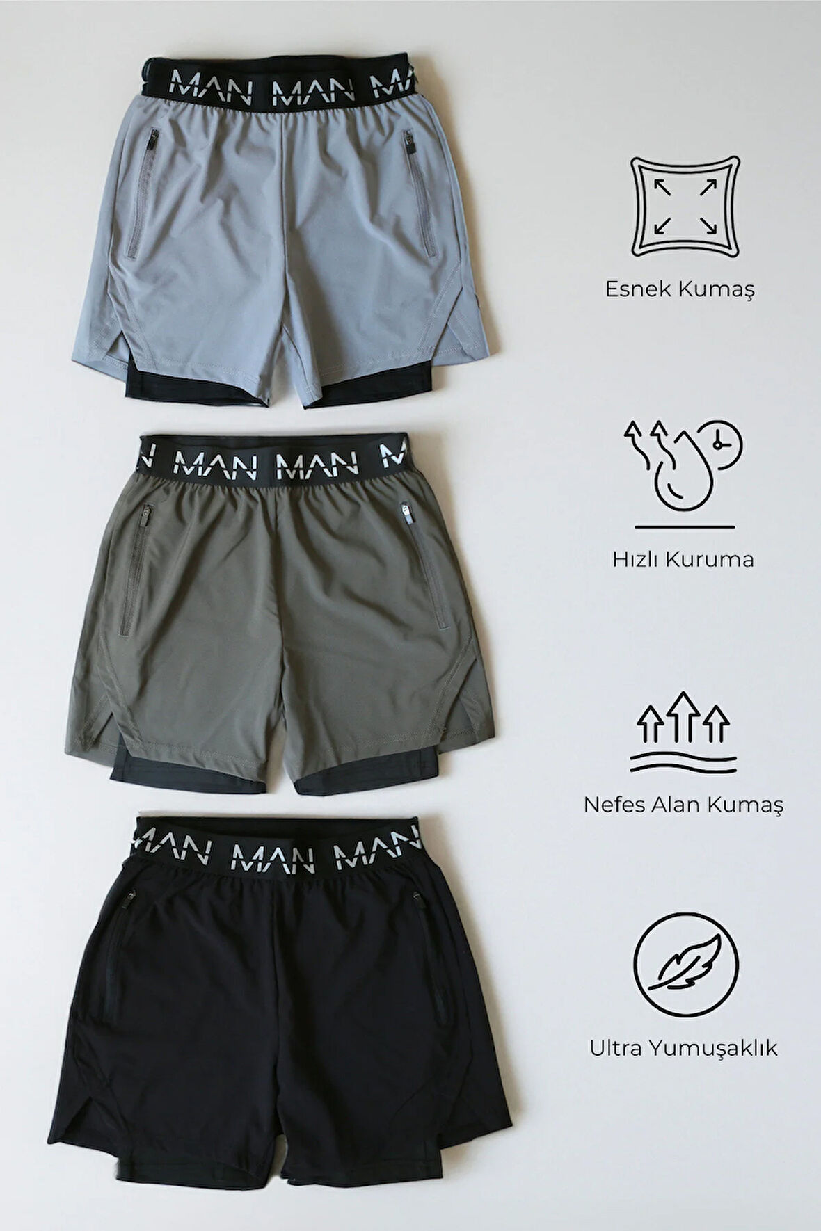 |3 Lü Paket| Unisex Gym Ve Fitness Astarlı Taytlı Şort Yazılı Lastik