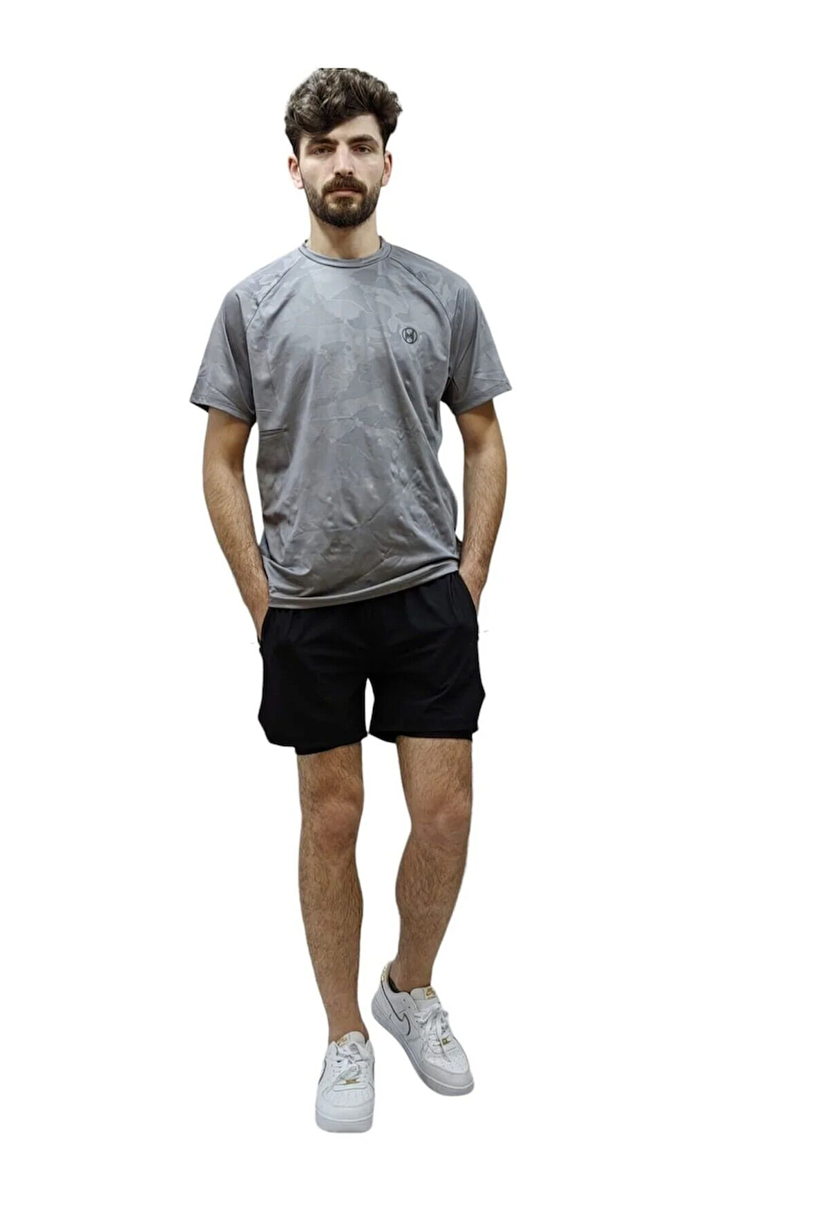 Gri Kamuflaj Baskılı Reglan Kol Sporcu Tişört