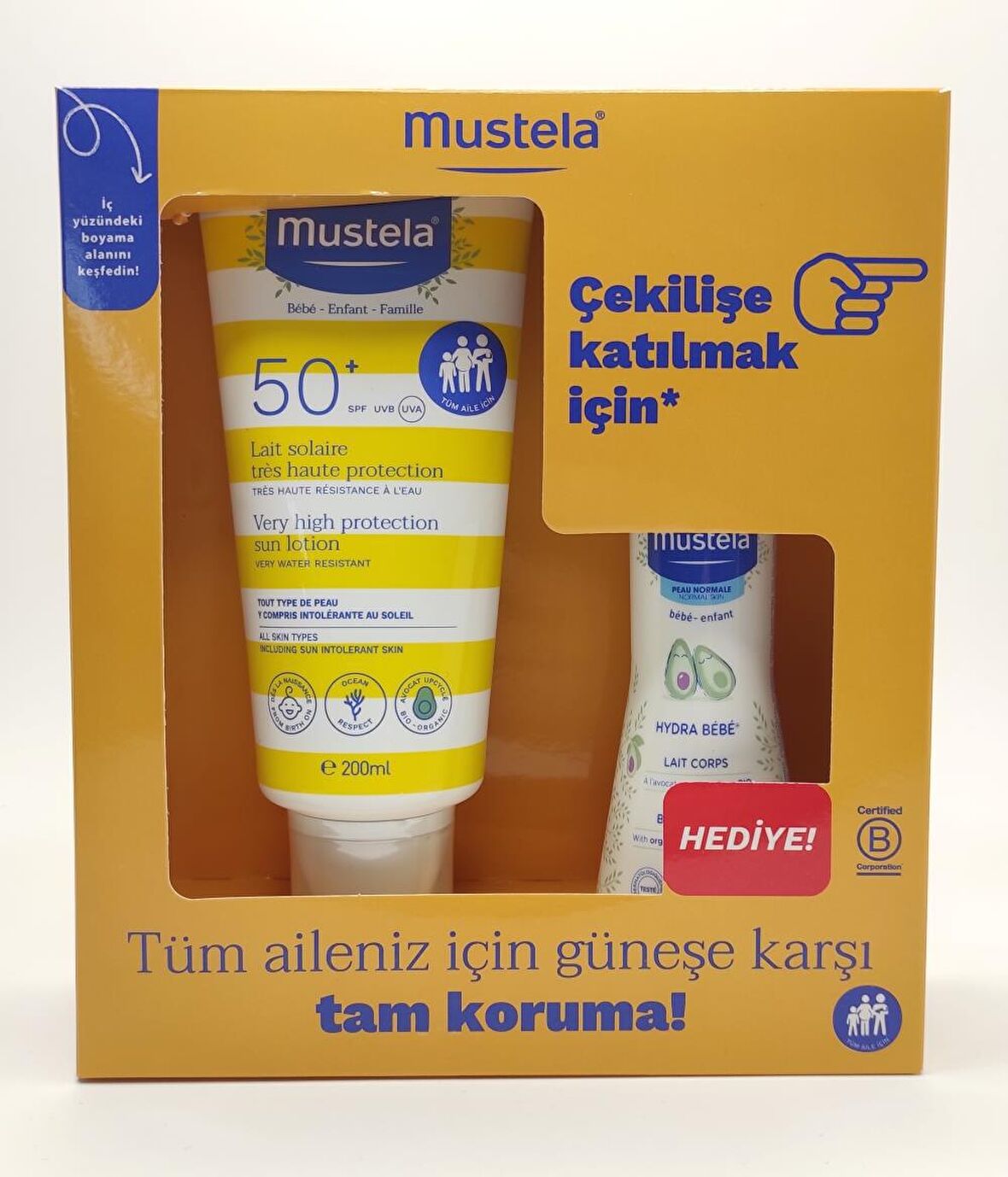 Mustela Lait Solaire 50+ Faktör Nemlendirici Atopik-Hassas Ciltler İçin Renksiz Güneş Koruyucu Losyon 200 ml + Hydra Bebe 100 ml