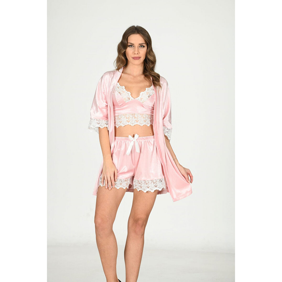 Pudra Kadife Dantelli Sabahlık & Gecelik Takım 3' Lü - 1438