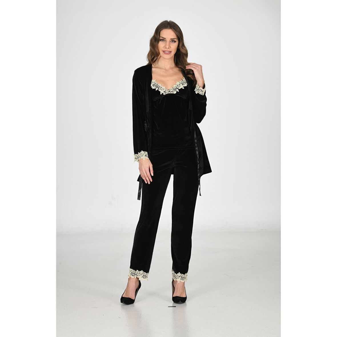 Siyah Kadife Sabahlık & Gecelik Takım 3' Lü - 1441