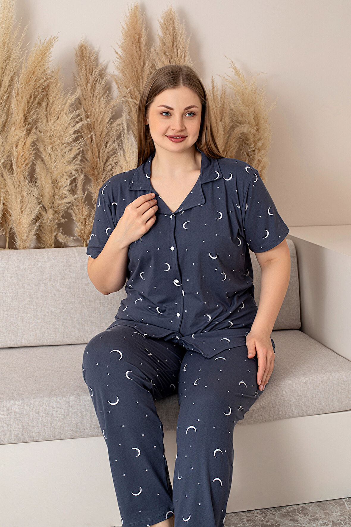 Büyük Beden  Kısa Kollu Milan Gömlek Pijama Takımı- Genç Anne Serisi
