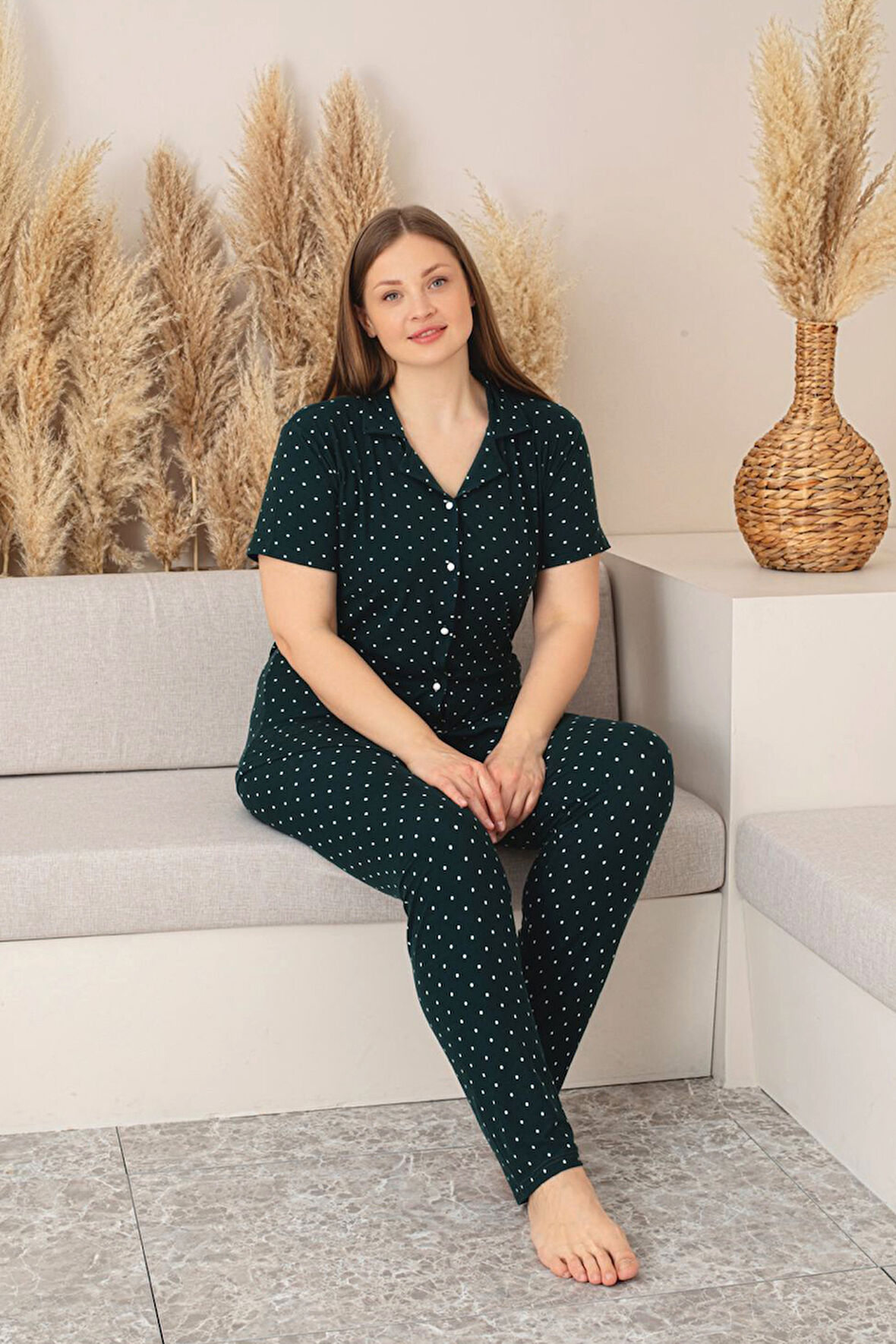 Büyük Beden  Kısa Kollu Milan Gömlek Pijama Takımı- Genç Anne Serisi
