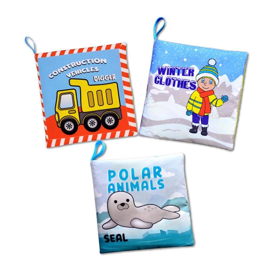 3 Kitap Tox İngilizce İş Makineleri , Kışlık Giysiler Ve Kutup Hayvanları Kumaş Sessiz Kitap E118 E124 E125 - Bez Kitap