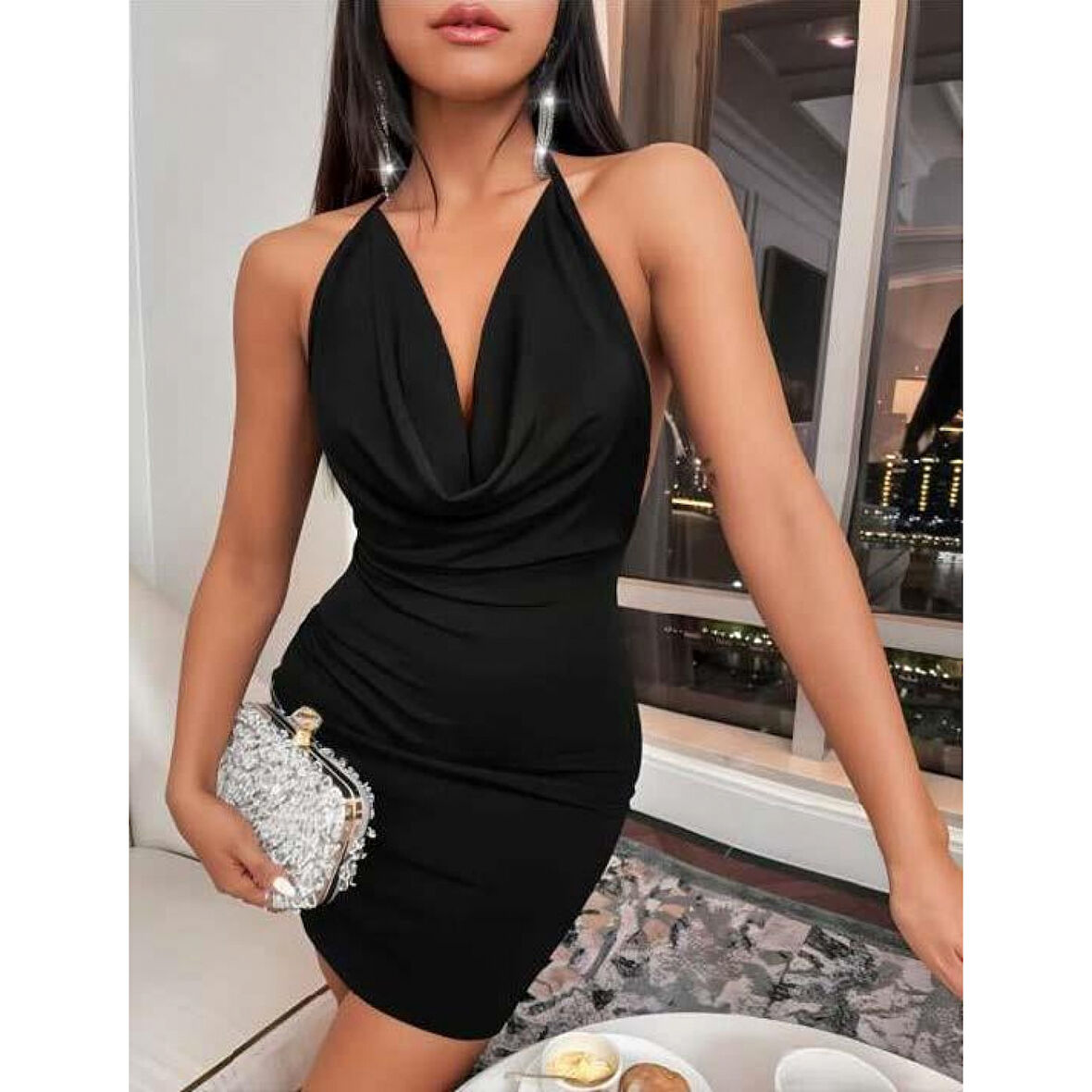 MARSiLYAN- Siyah Boyundan Bağlamalı Sırt Dekolteli Mini Club Elbisesi