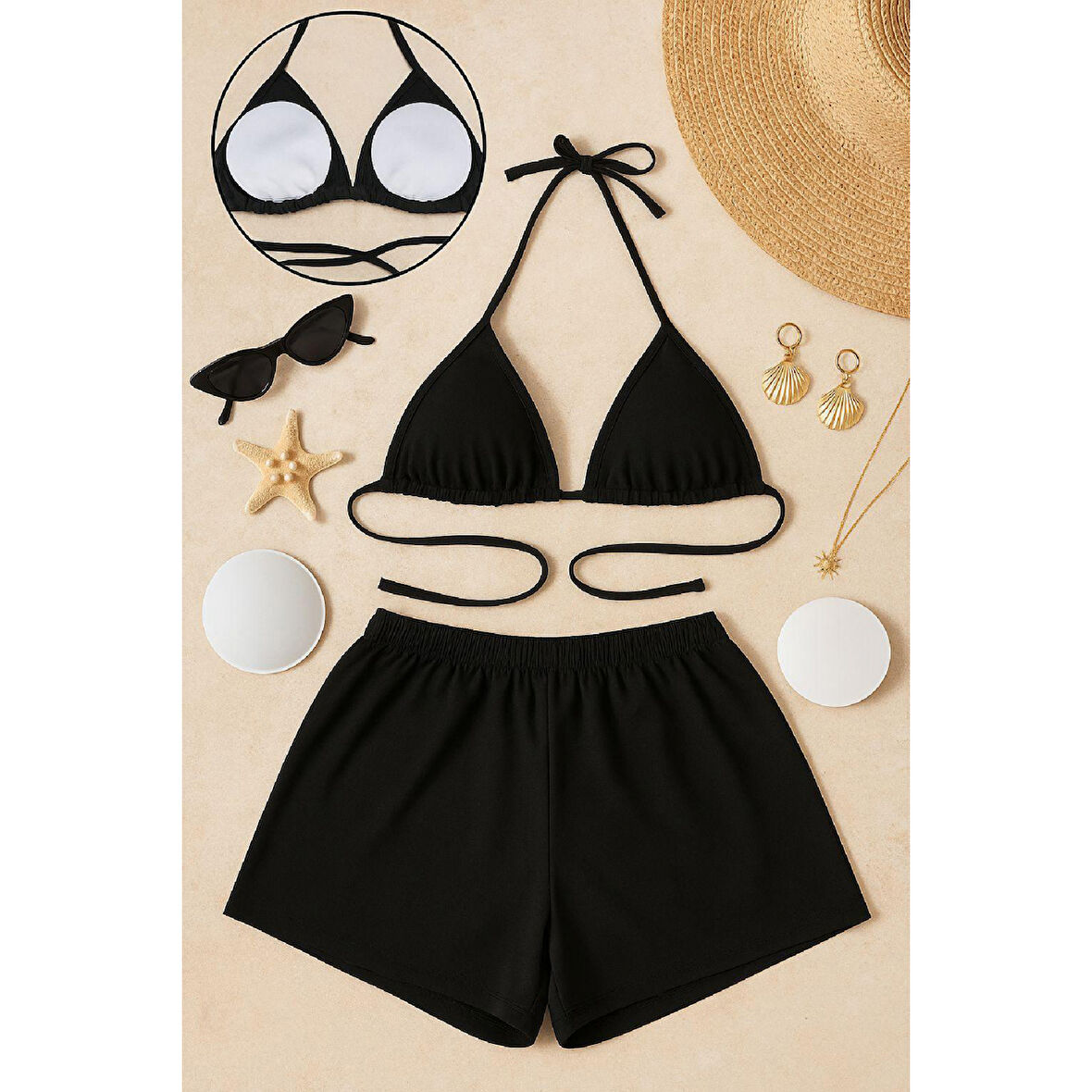 Kadın Siyah Şortlu Belden Ve Boyundan Bağlamalı Bikini Takımı