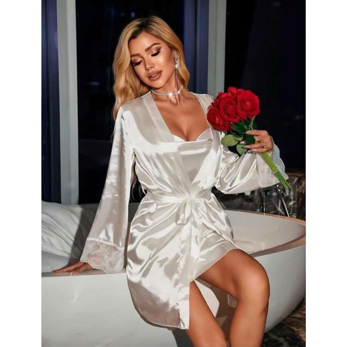 MARSiLYAN- Dantel İşlemeli İnce Askılı Beyaz Saten 2'li Gecelik Sabahlık Takımı