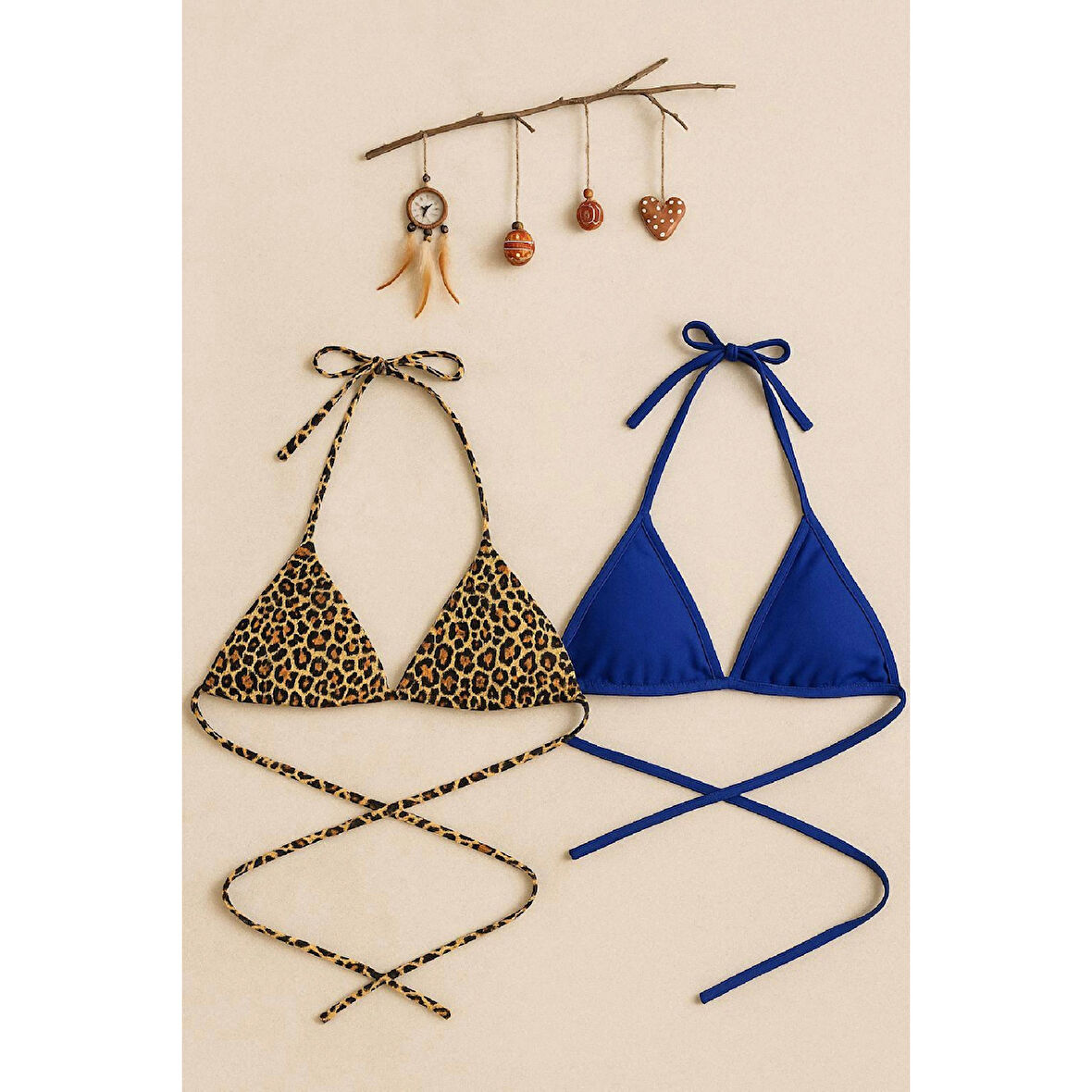 MARSiLYAN- Kadın Leopar Desenli ve Mavi Minimal Kesim Üçgen Bikini Üstü