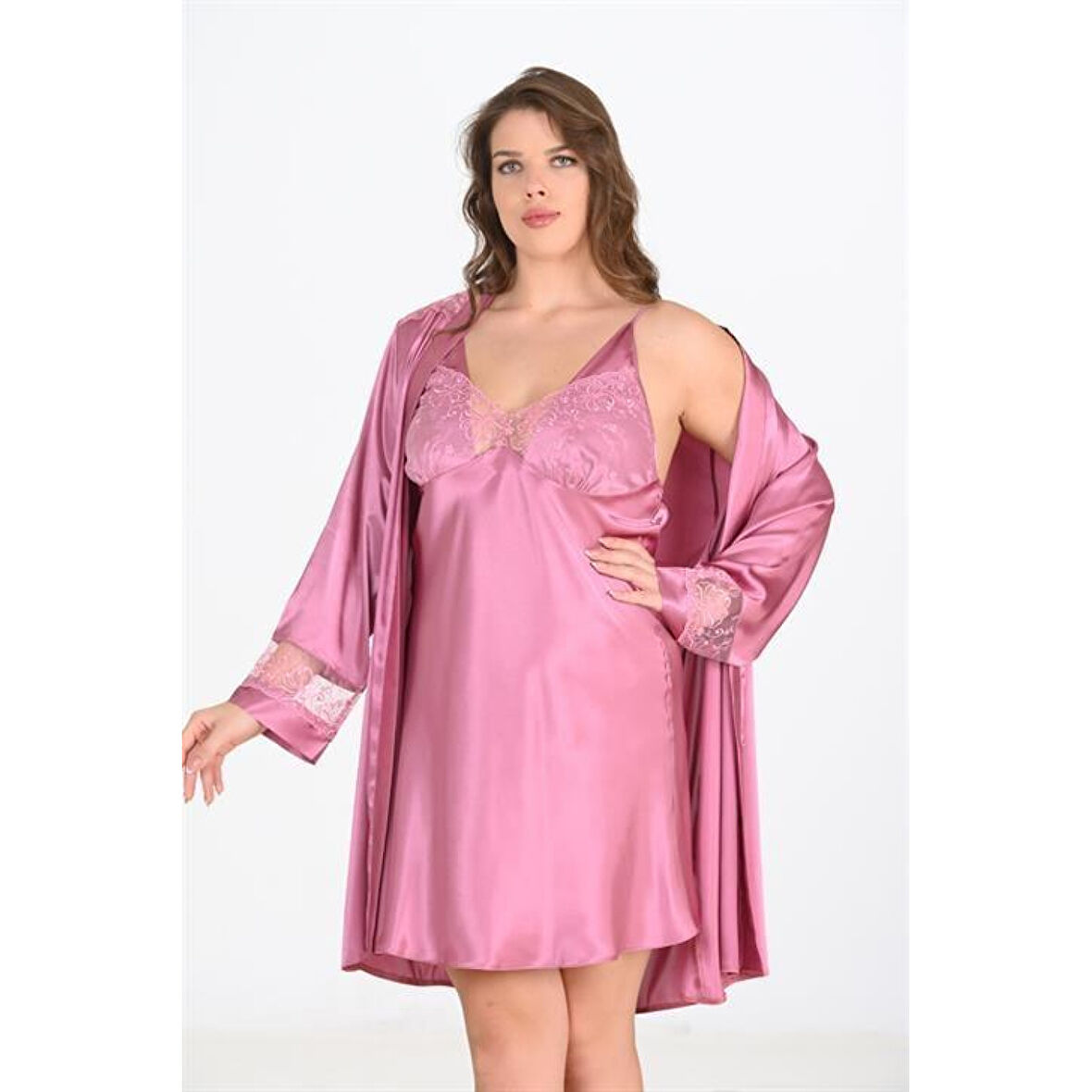 MARSiLYAN- Büyük Beden 2li Gülkurusu Sabahlık Takımı Bigsize 6204
