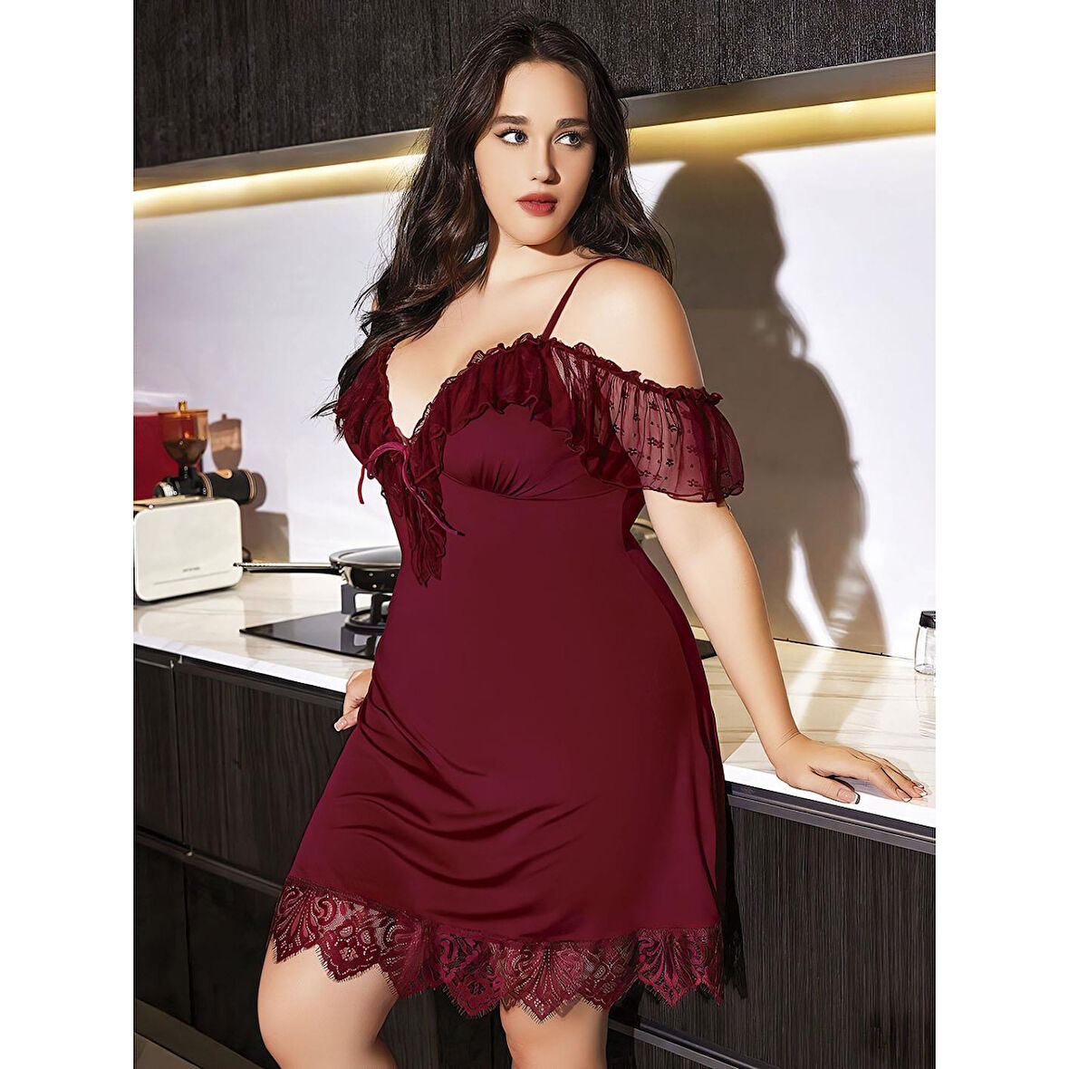 MARSiLYAN- Büyük Beden Bordo Dantel İşlemeli İnce Askılı Gecelik