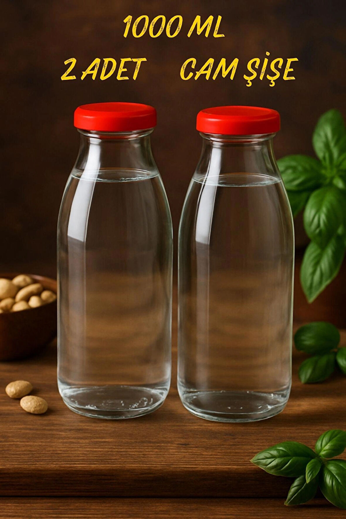 2 Adet 1 Litre Şeffaf Sürahi Süt, Ayran, Su, Limonata, Meşrubat Şişesi Plastik Kapaklı Cam Şişe