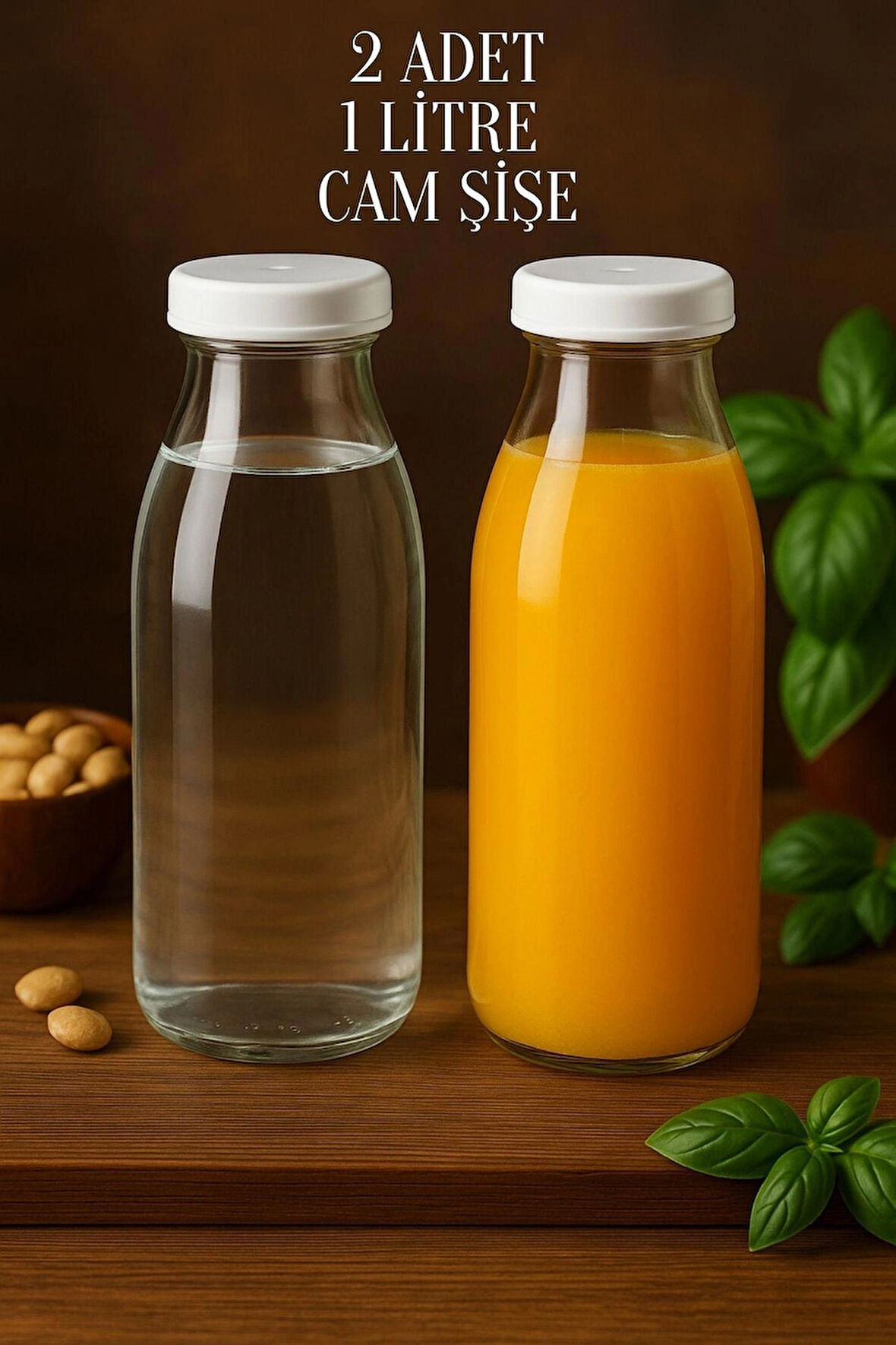 2 Adet Beyaz Plastik Kapaklı 1 Litre Şeffaf Sürahi Süt, Ayran, Su, Limonata Meşrubat Şişesi Cam Şişe