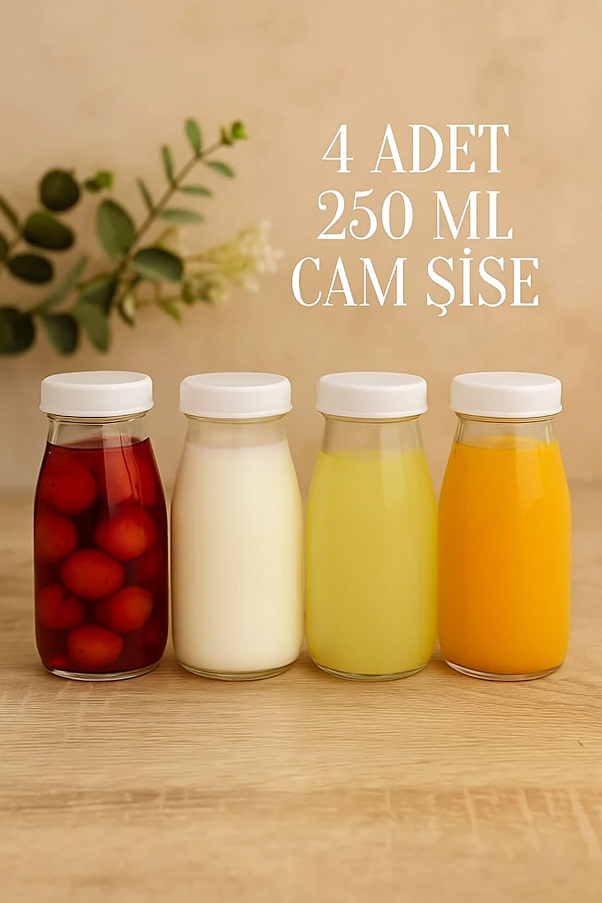 4 Adet Beyaz Plastik Kapaklı 250 ML Şeffaf Sürahi Süt, Ayran, Su, Limonata, Meşrubat Şişesi Cam Şişe