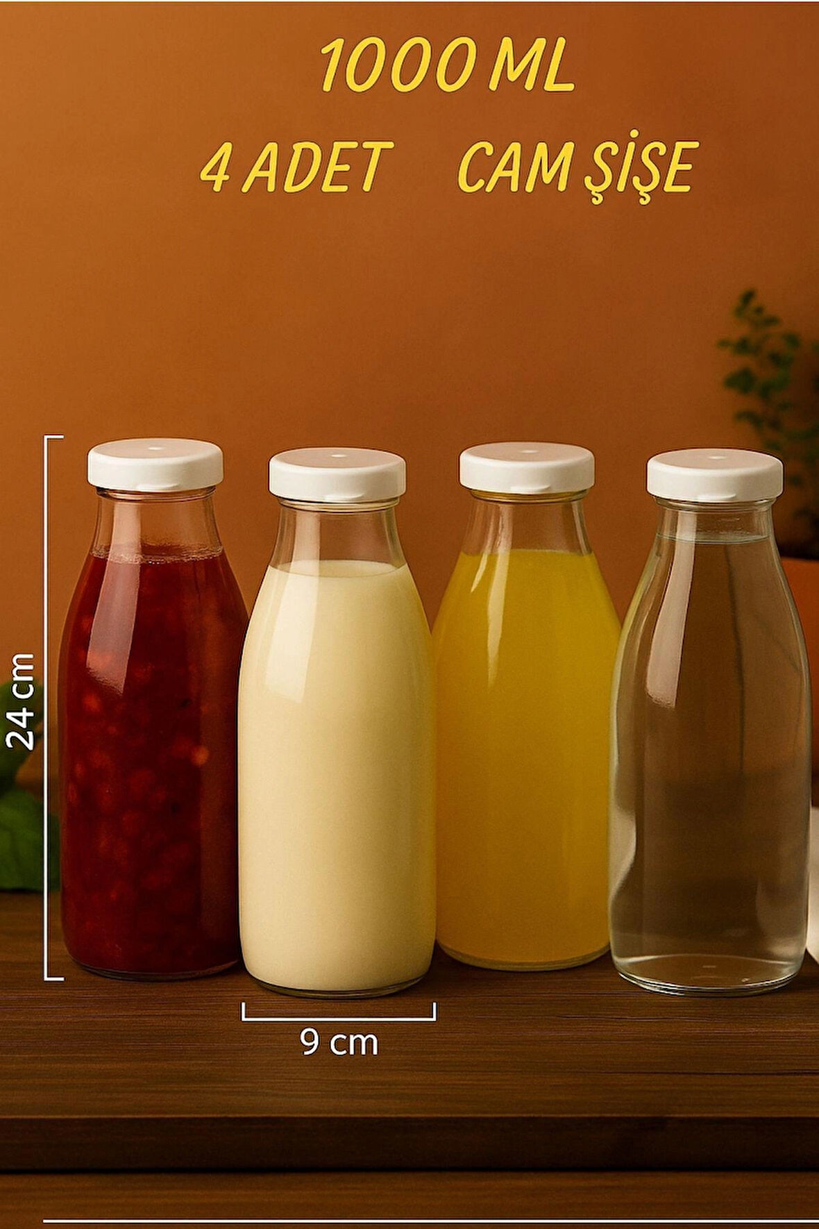 4 Adet Beyaz Plastik Kapaklı Cam Şişe 1 Litre Şeffaf Sürahi Süt, Ayran, Su, Limonata Meşrubat Şişesi